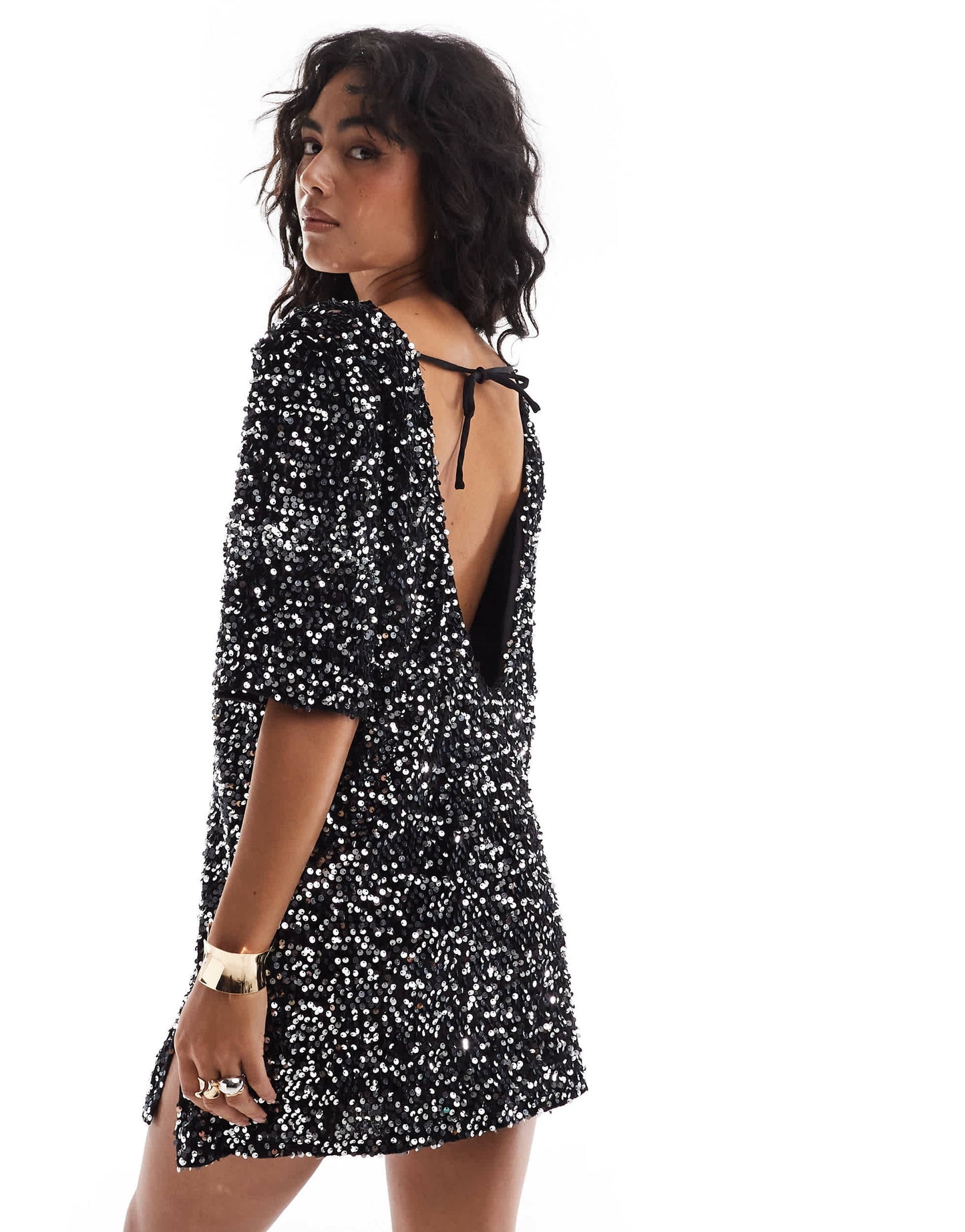 4th & Reckless velvet sequin mini t-shirt dress with open back in black