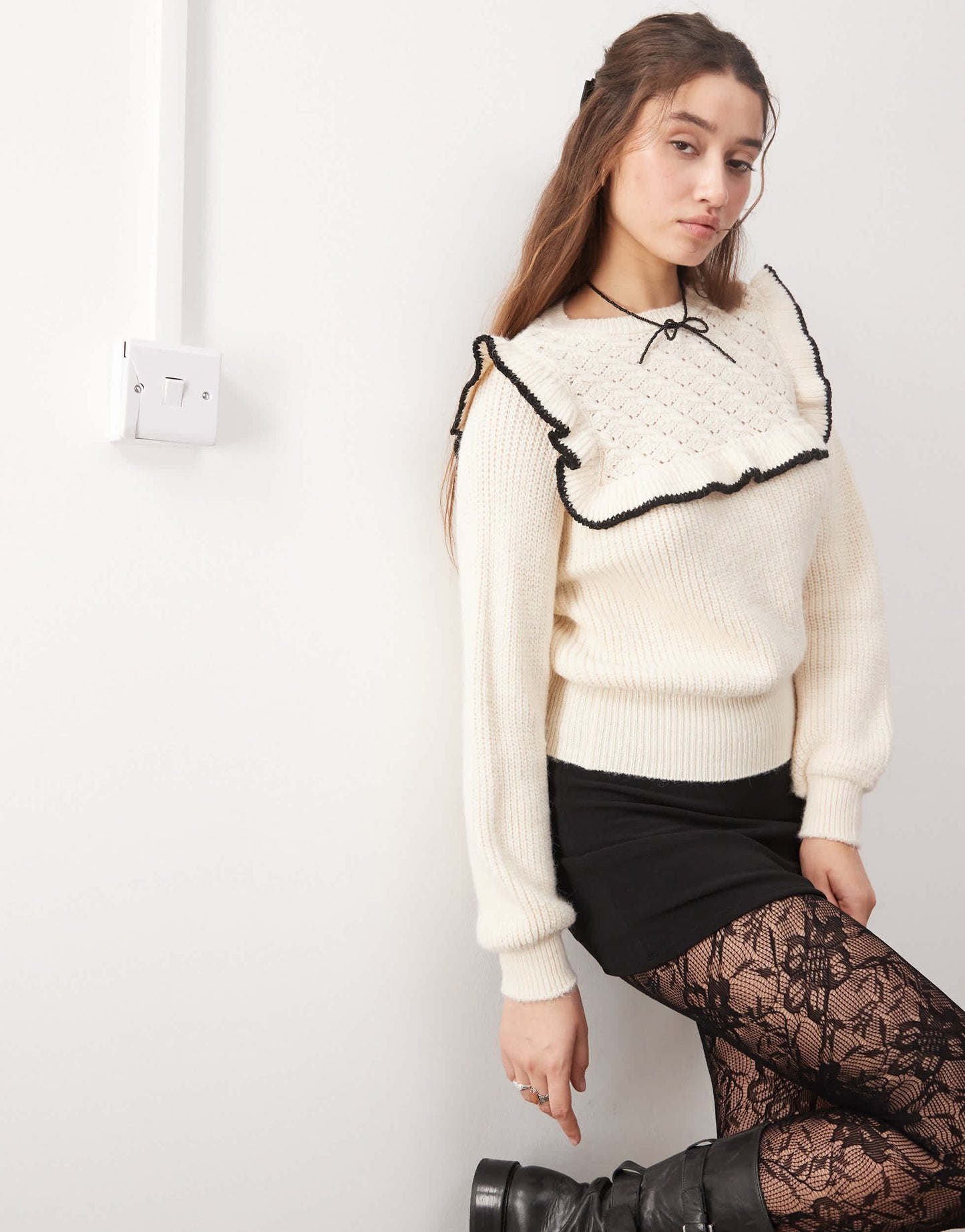 Miss Selfridge jumper with frill detail in cream