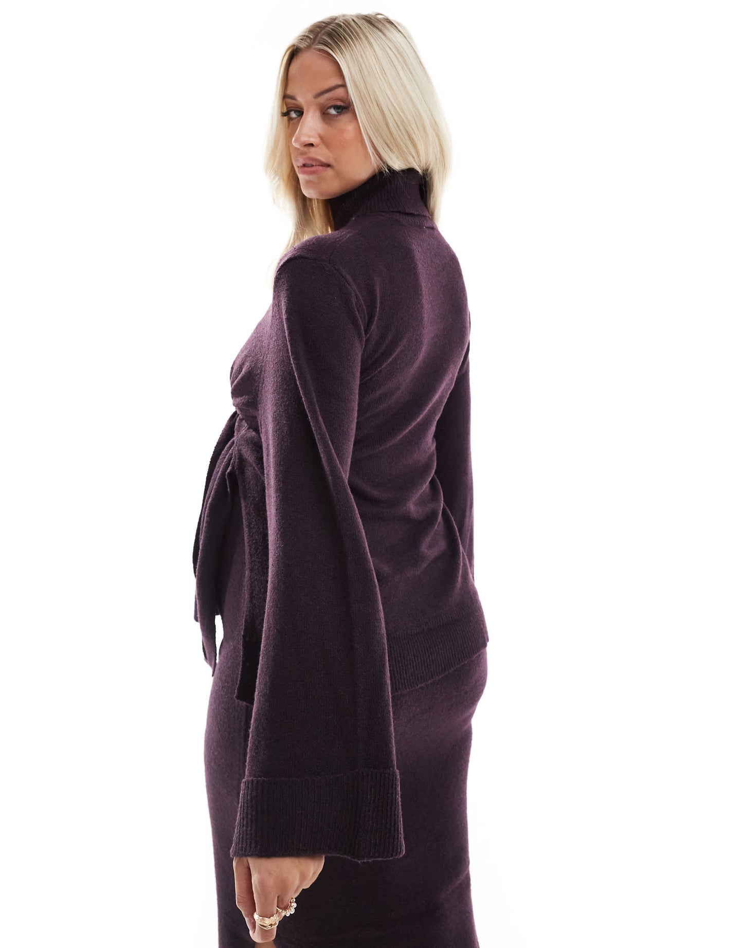 Mamalicious maternity knitted roll neck jumper co-ord with tie waist in plum