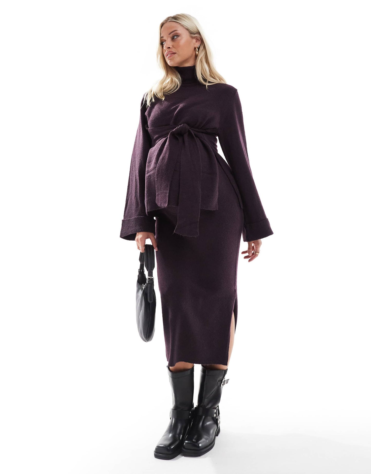 Mamalicious maternity knitted roll neck jumper co-ord with tie waist in plum