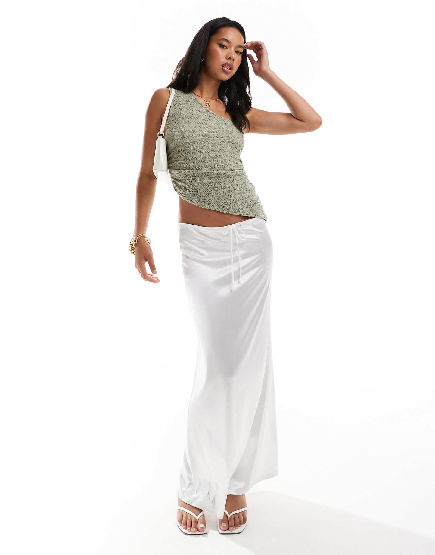 ASOS DESIGN textured one shoulder top in sage green