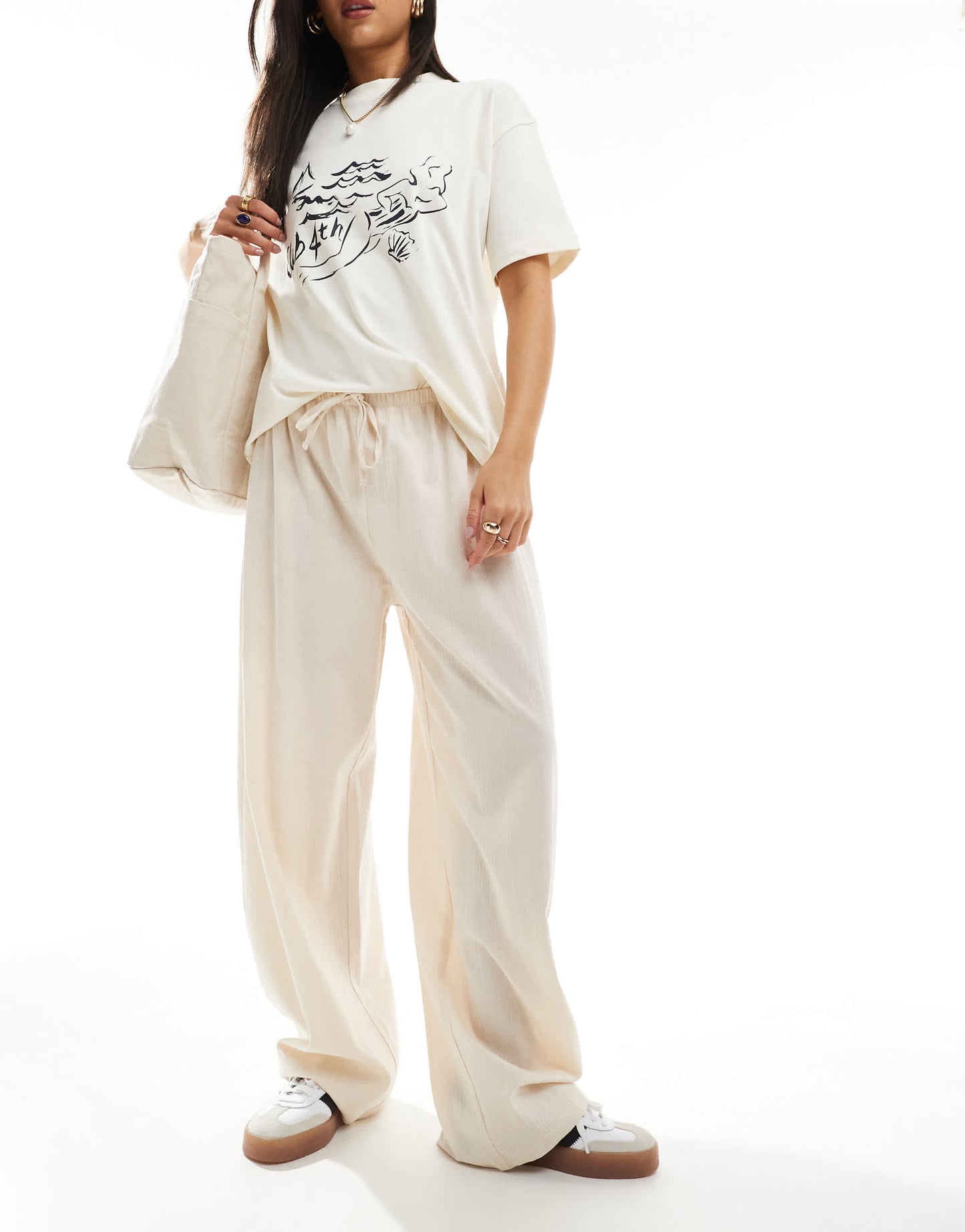 ASOS DESIGN drawstring waist barrel leg trouser in ecru