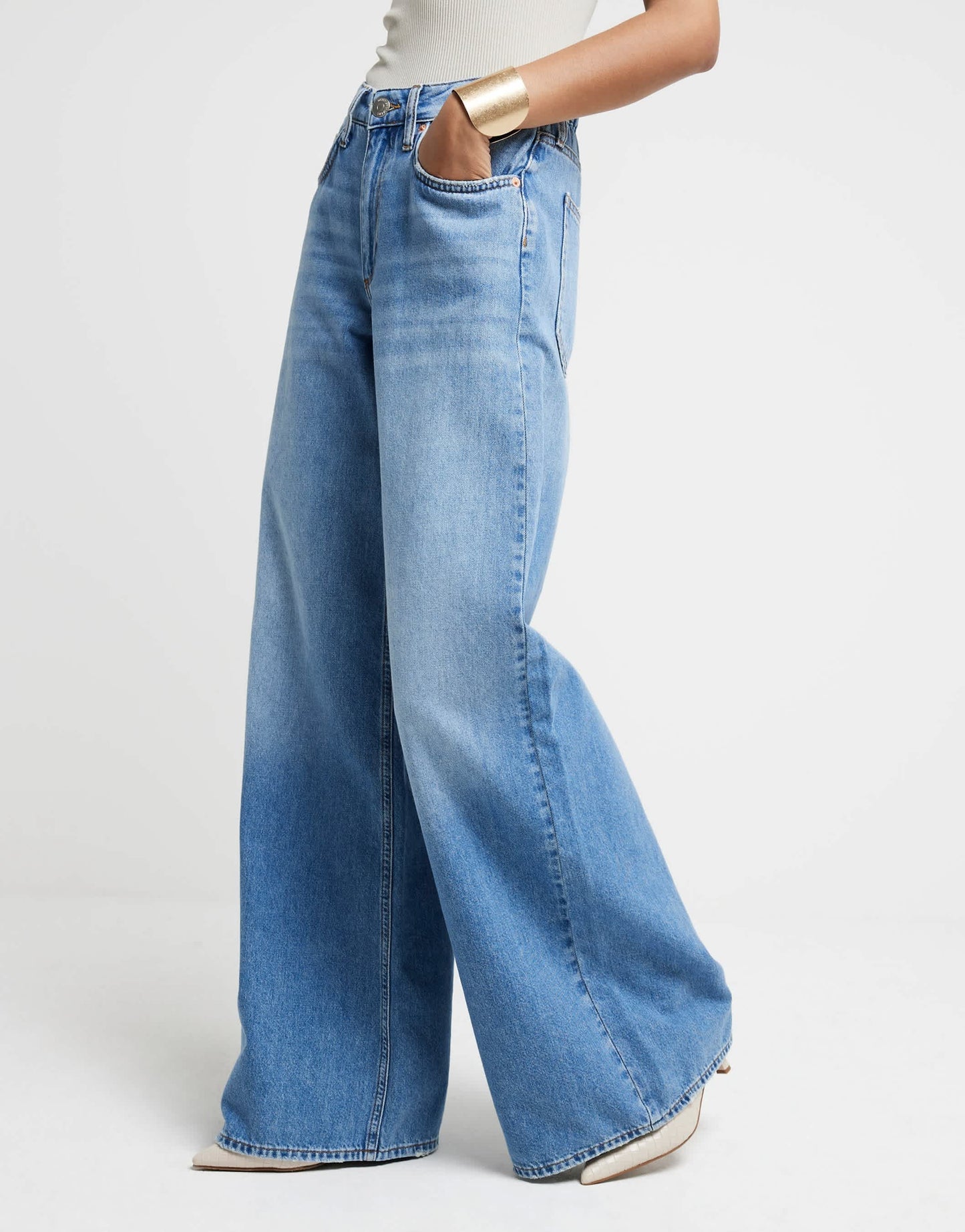 River Island Mid rise elastic back palazzo jeans in denim - medium