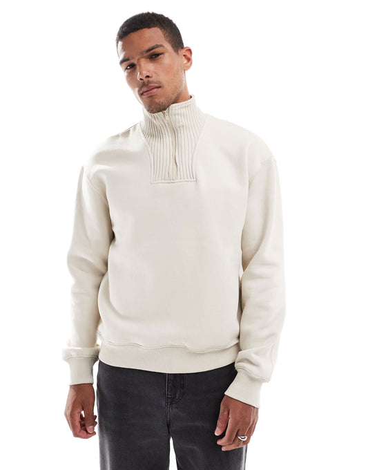 Bershka ribbed neck 1/4 zip jumper in light beige