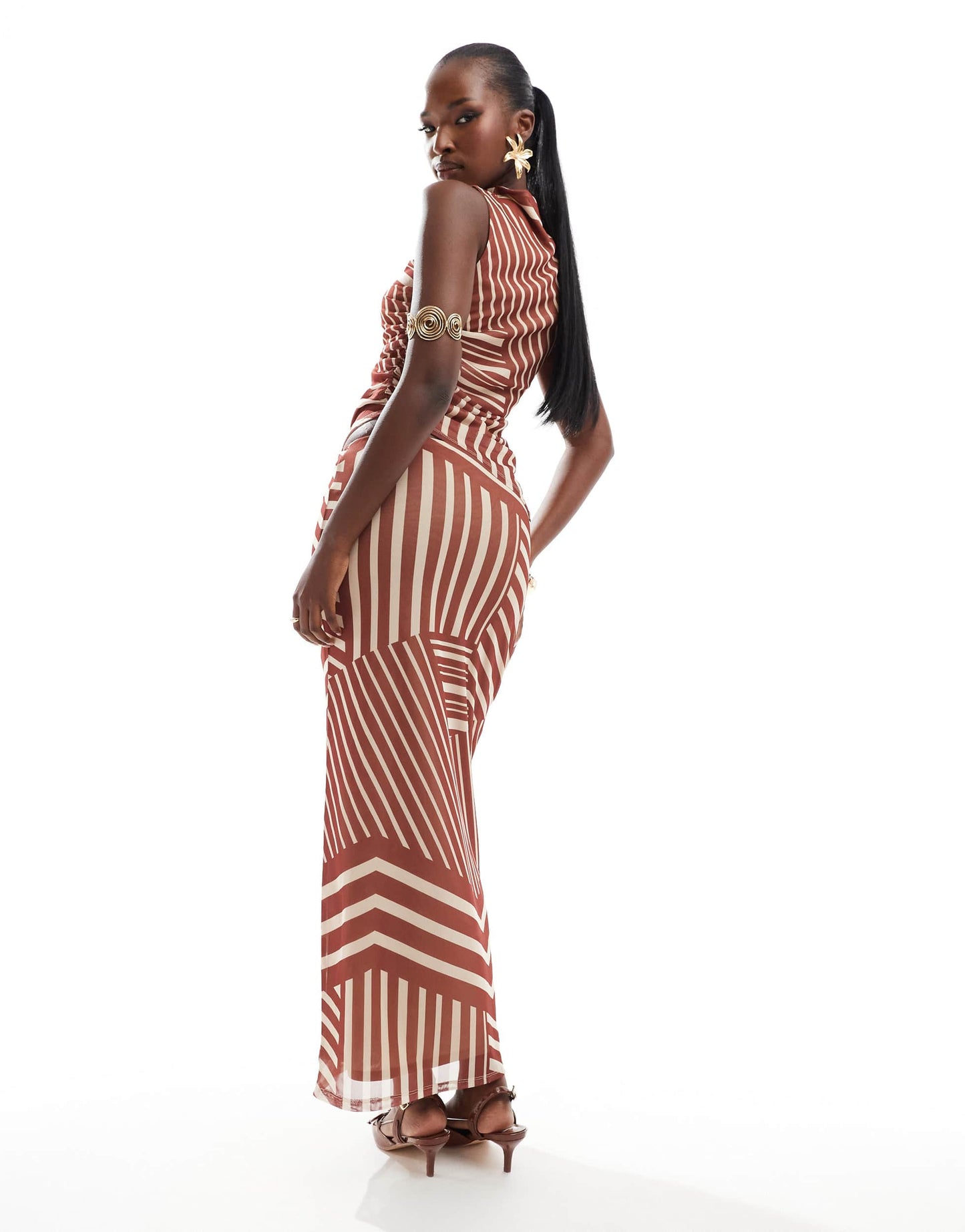 ASOS DESIGN co-ord mesh maxi skirt in rust stripe