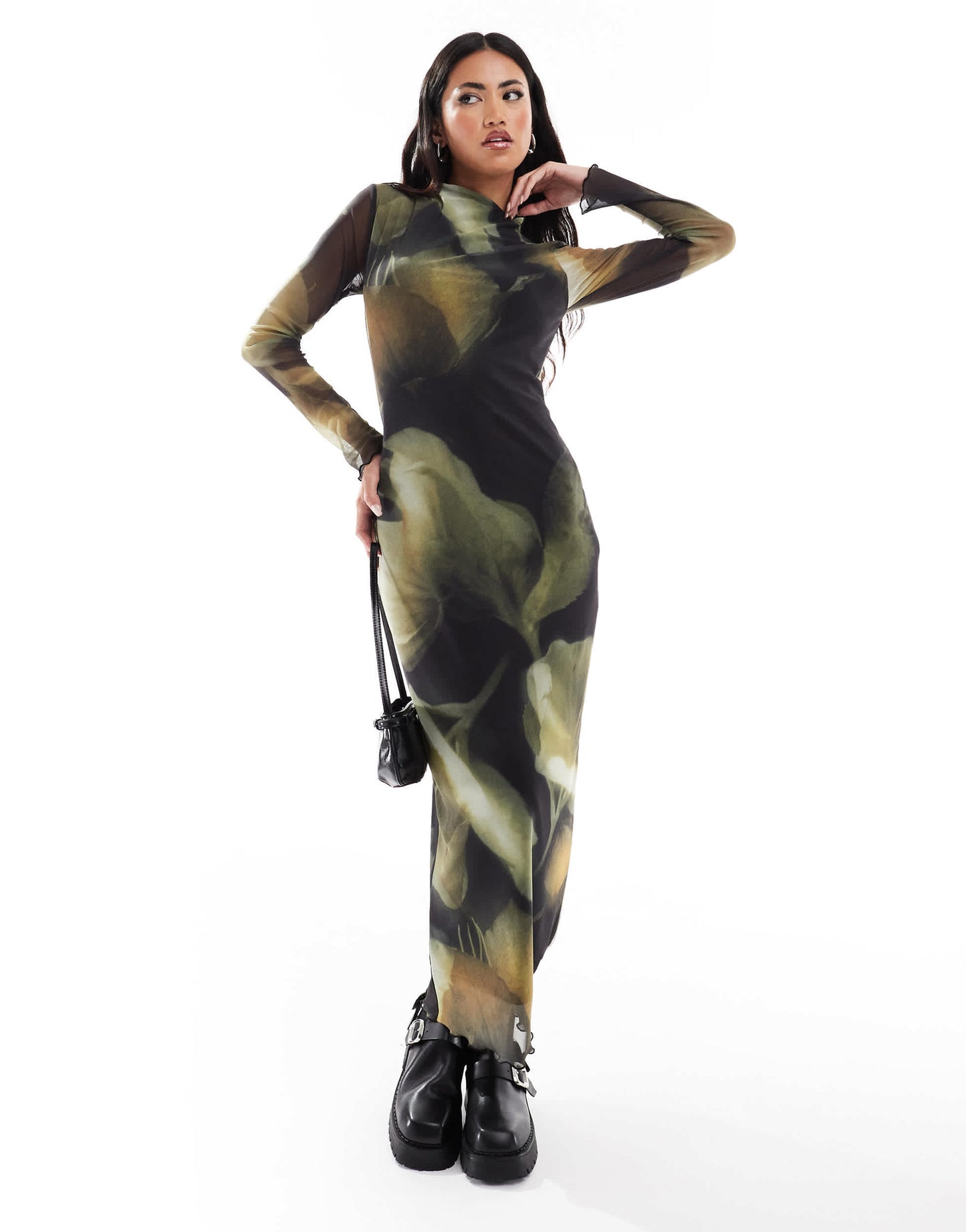 River Island long sleeve floral print mesh midi dress in black