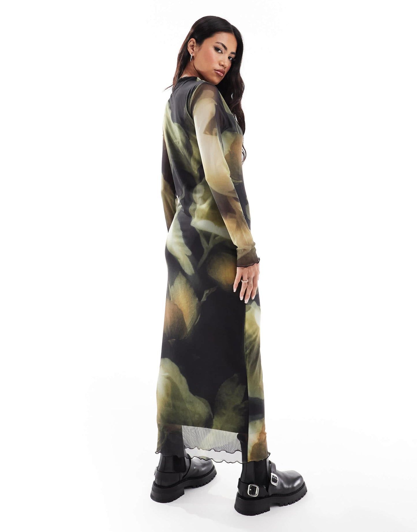 River Island long sleeve floral print mesh midi dress in black