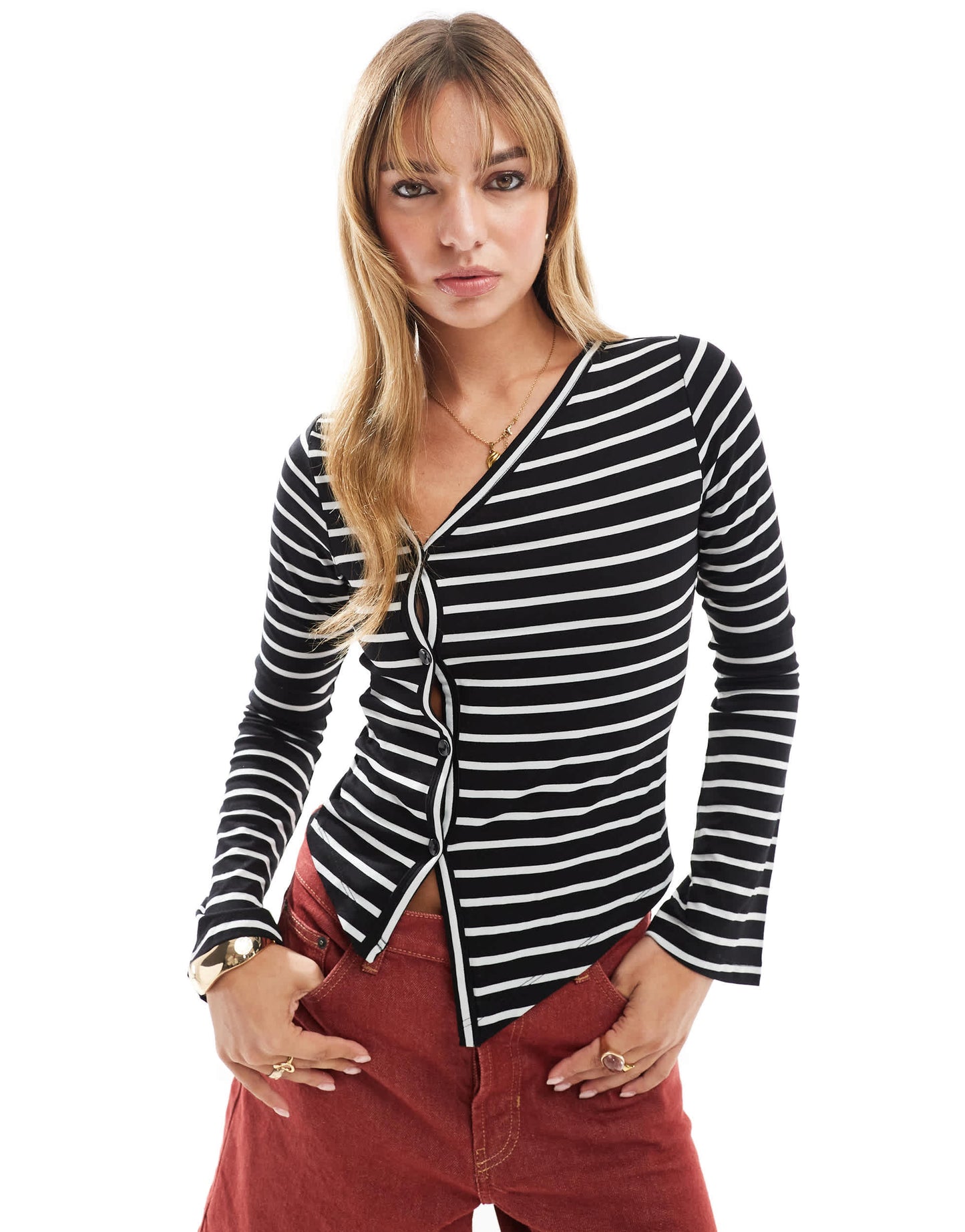 ASOS DESIGN asymmetric stripe button front top in black