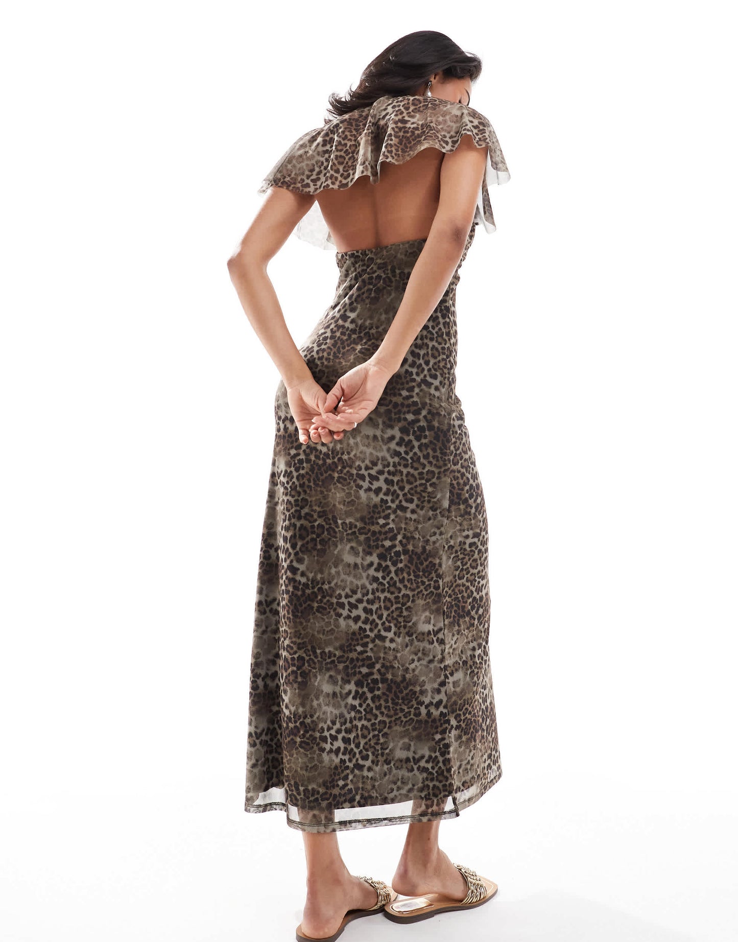 ASOS DESIGN mesh cutaway tea dress with bust seams and cape back in leopard print