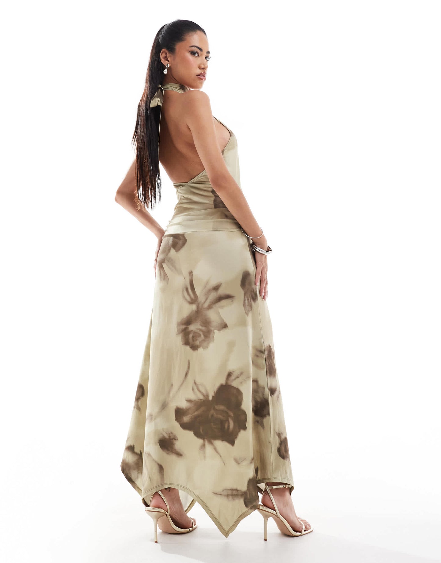 ASOS DESIGN halter neck asym hem midi dress in smokey floral
