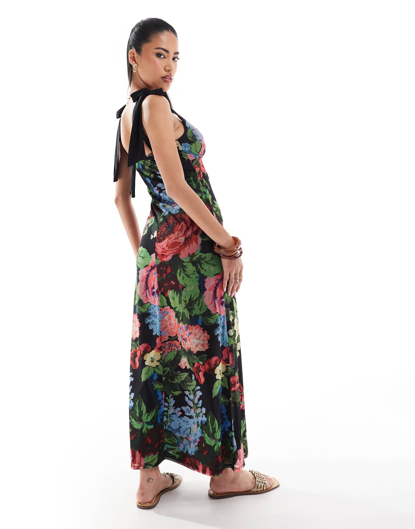 ASOS DESIGN bow tie strap midi dress In tapestry floral
