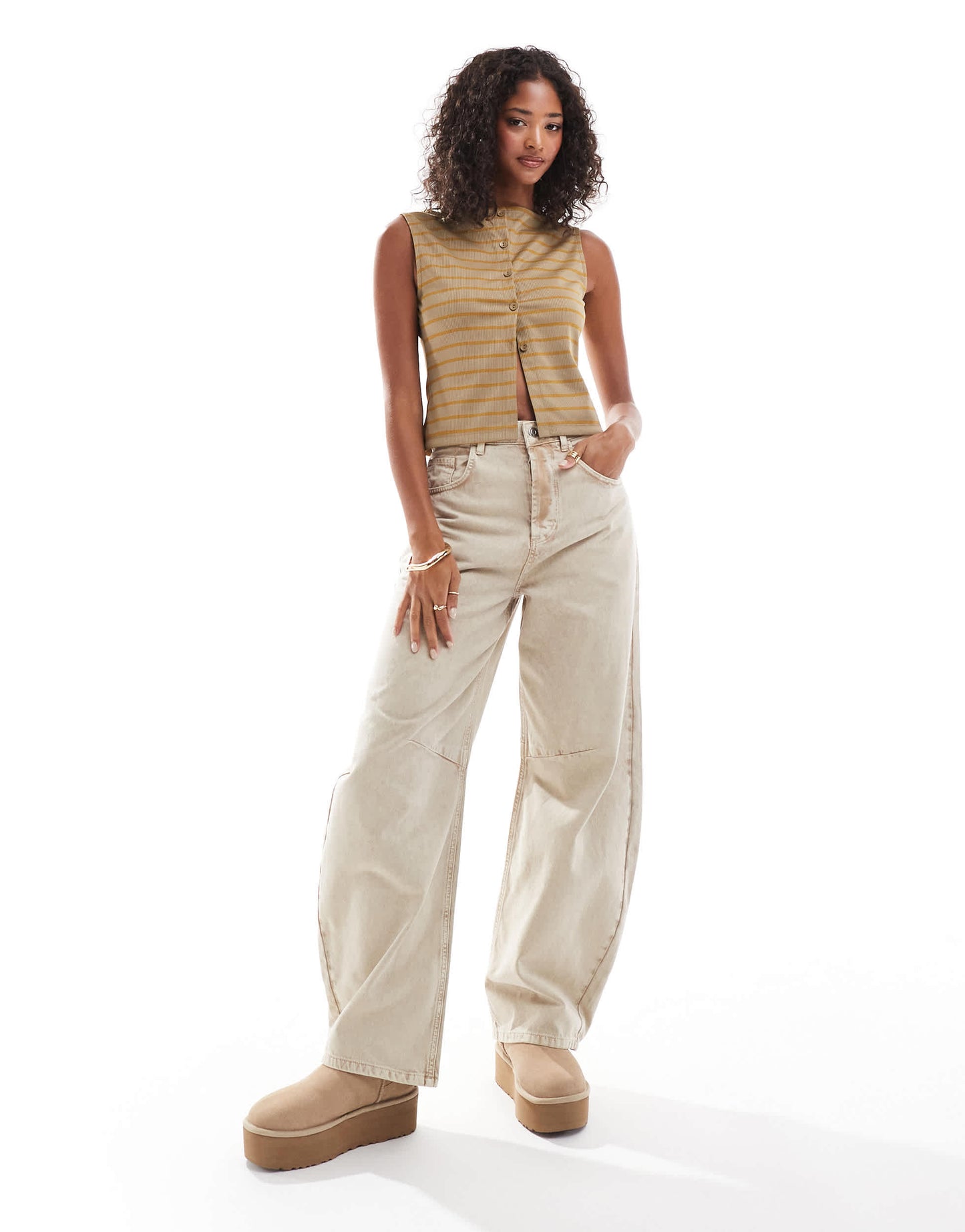 ASOS DESIGN striped button through sleeveless top in khaki