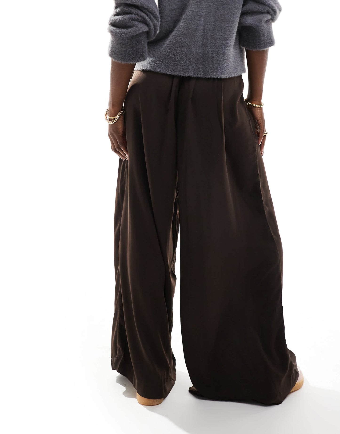 AWARE wide leg pleat front trousers in chocolate brown