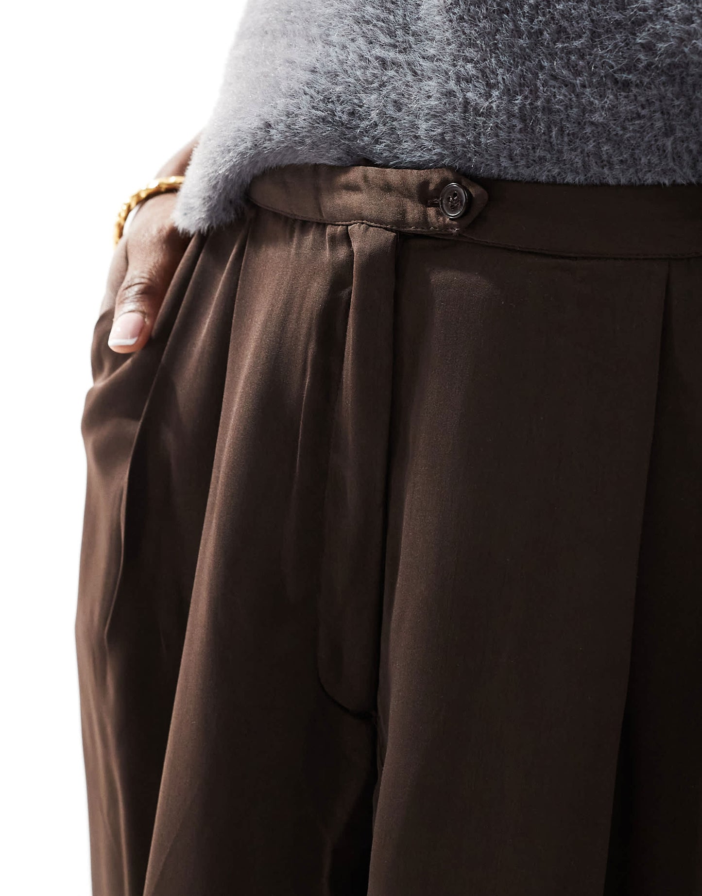 AWARE wide leg pleat front trousers in chocolate brown