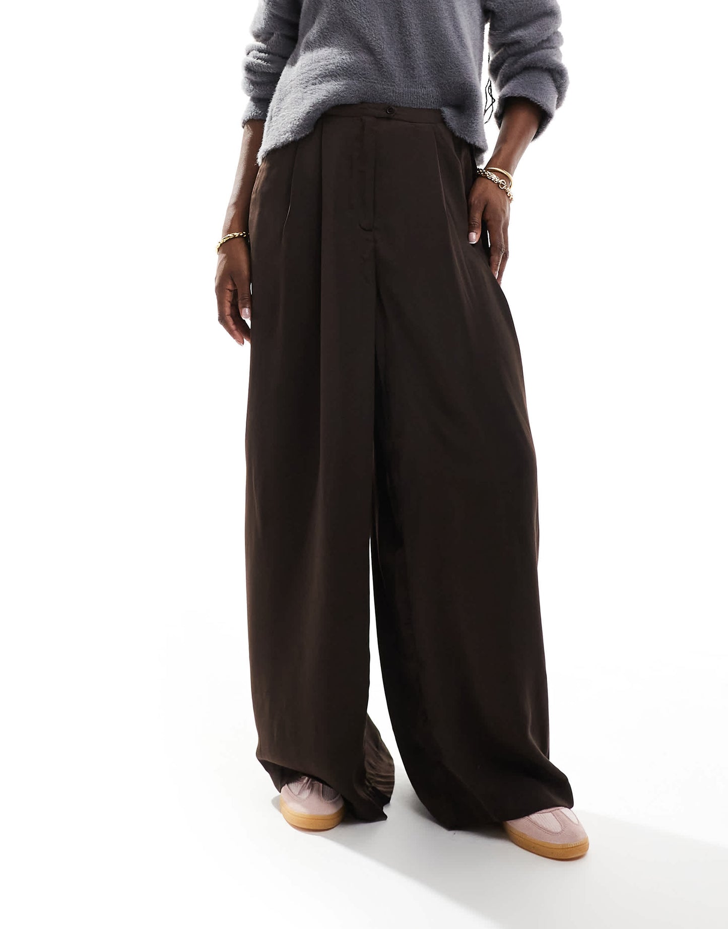 AWARE wide leg pleat front trousers in chocolate brown