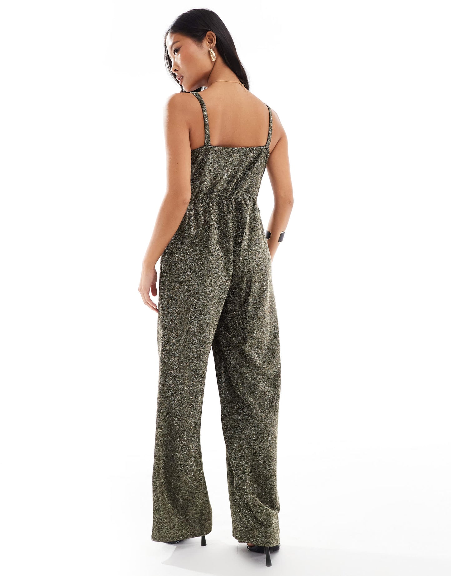 Vero Moda Petite strappy wide leg jumpsuit in black and gold glitter