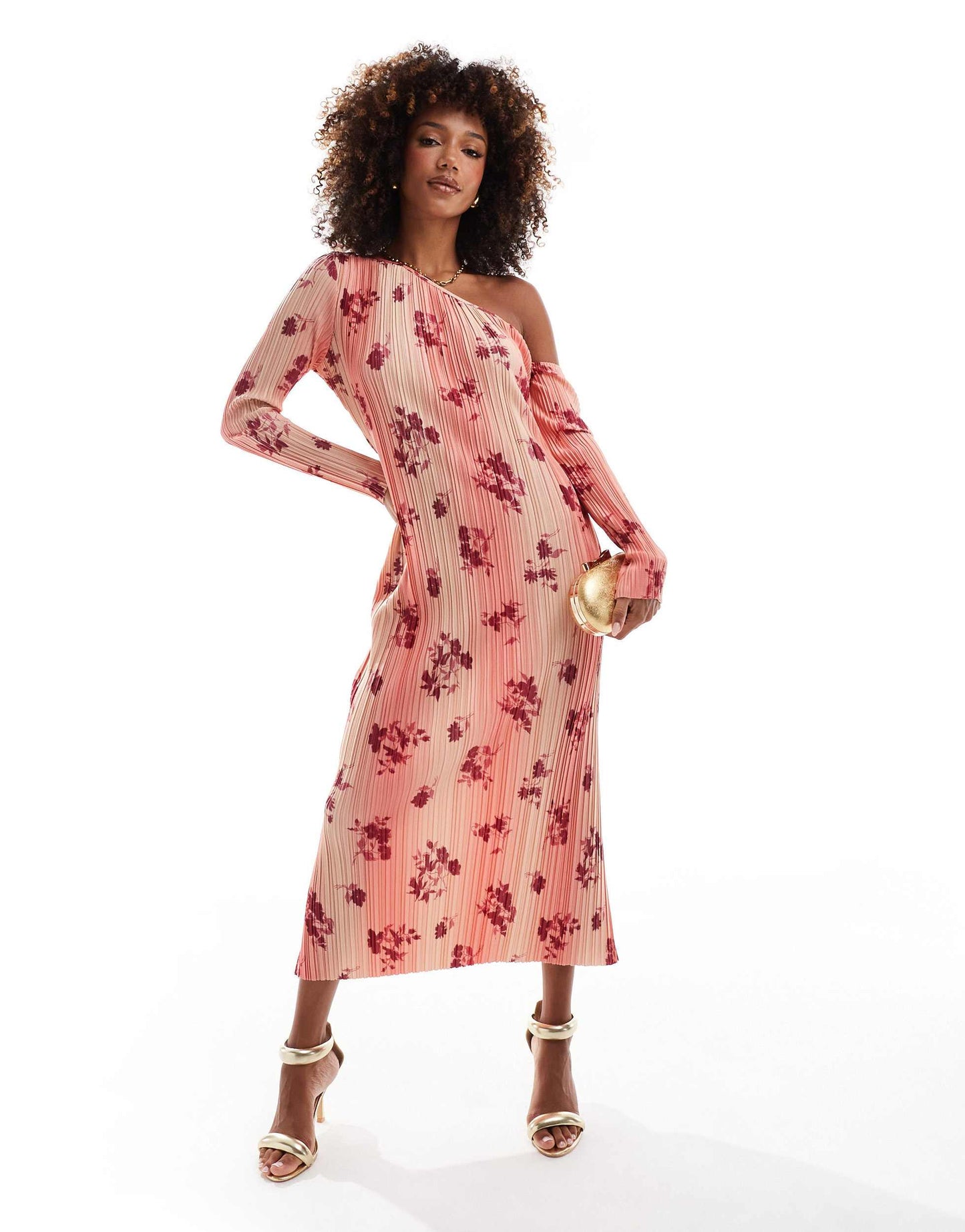 ASOS DESIGN asymmetric plisse midi dress with long sleeves in ombre floral print
