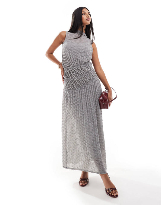 ASOS DESIGN crinkle high neck ruched maxi dress with seam detail in light grey