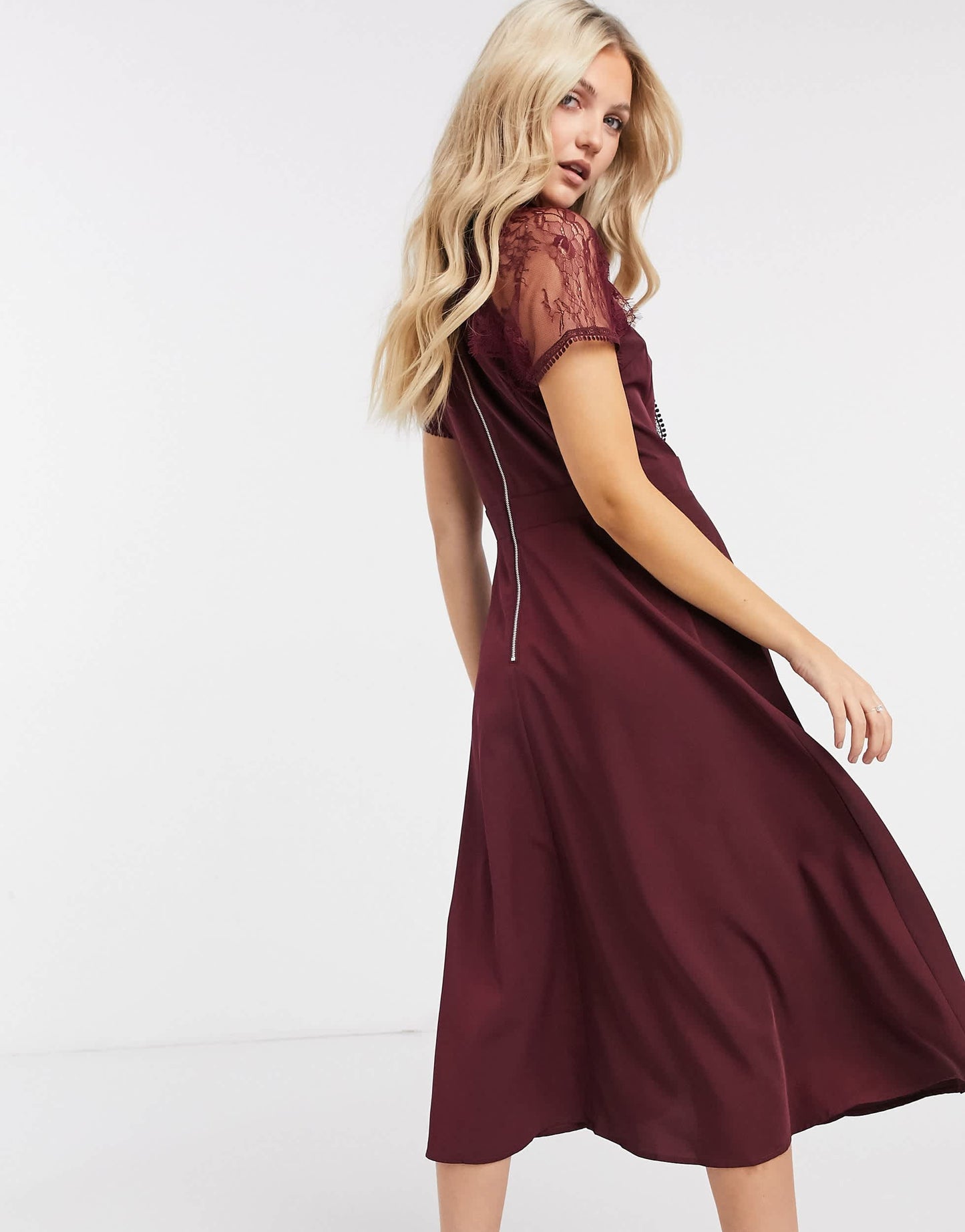 Liquorish a line lace detail midi dress in burgundy