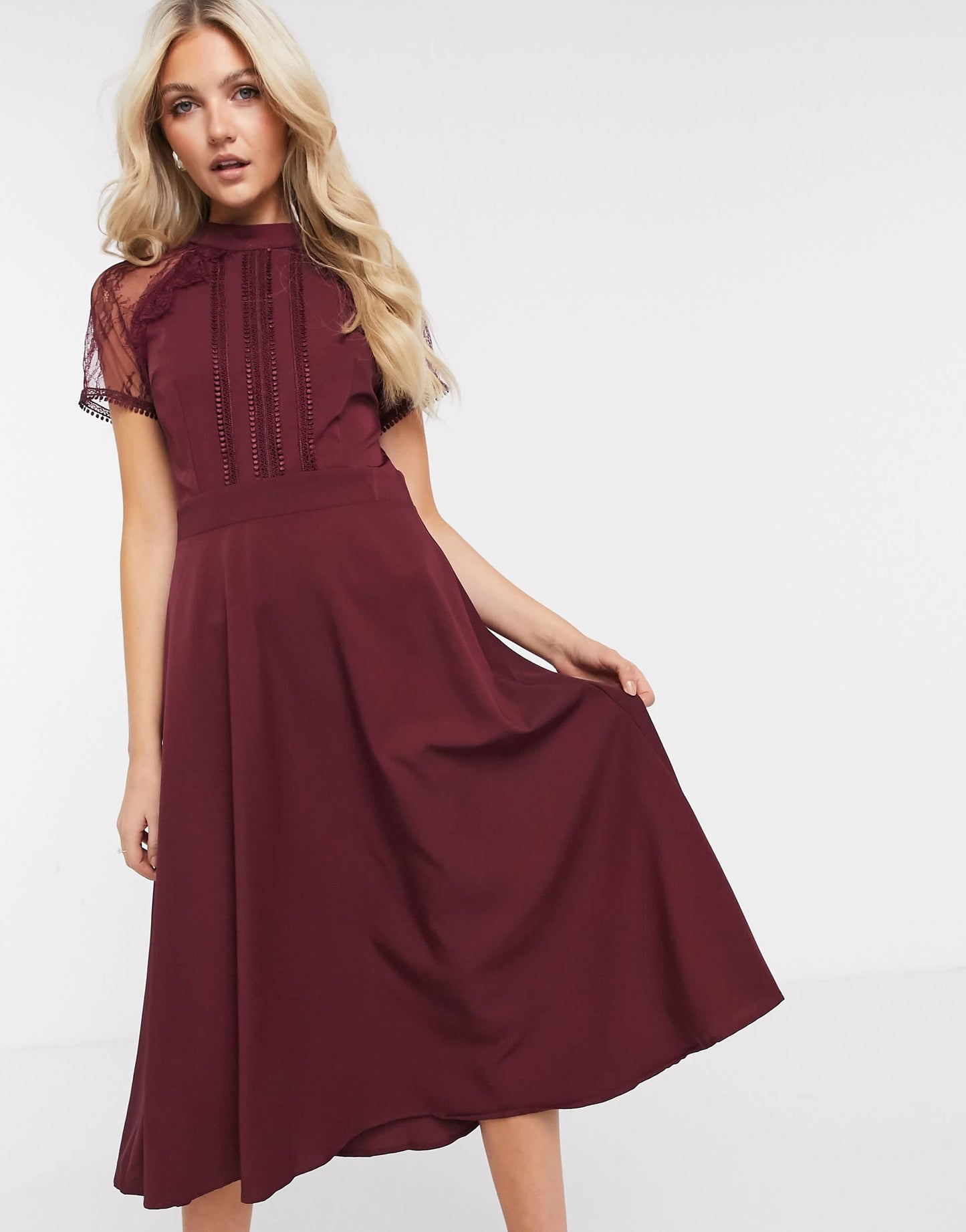 Liquorish a line lace detail midi dress in burgundy
