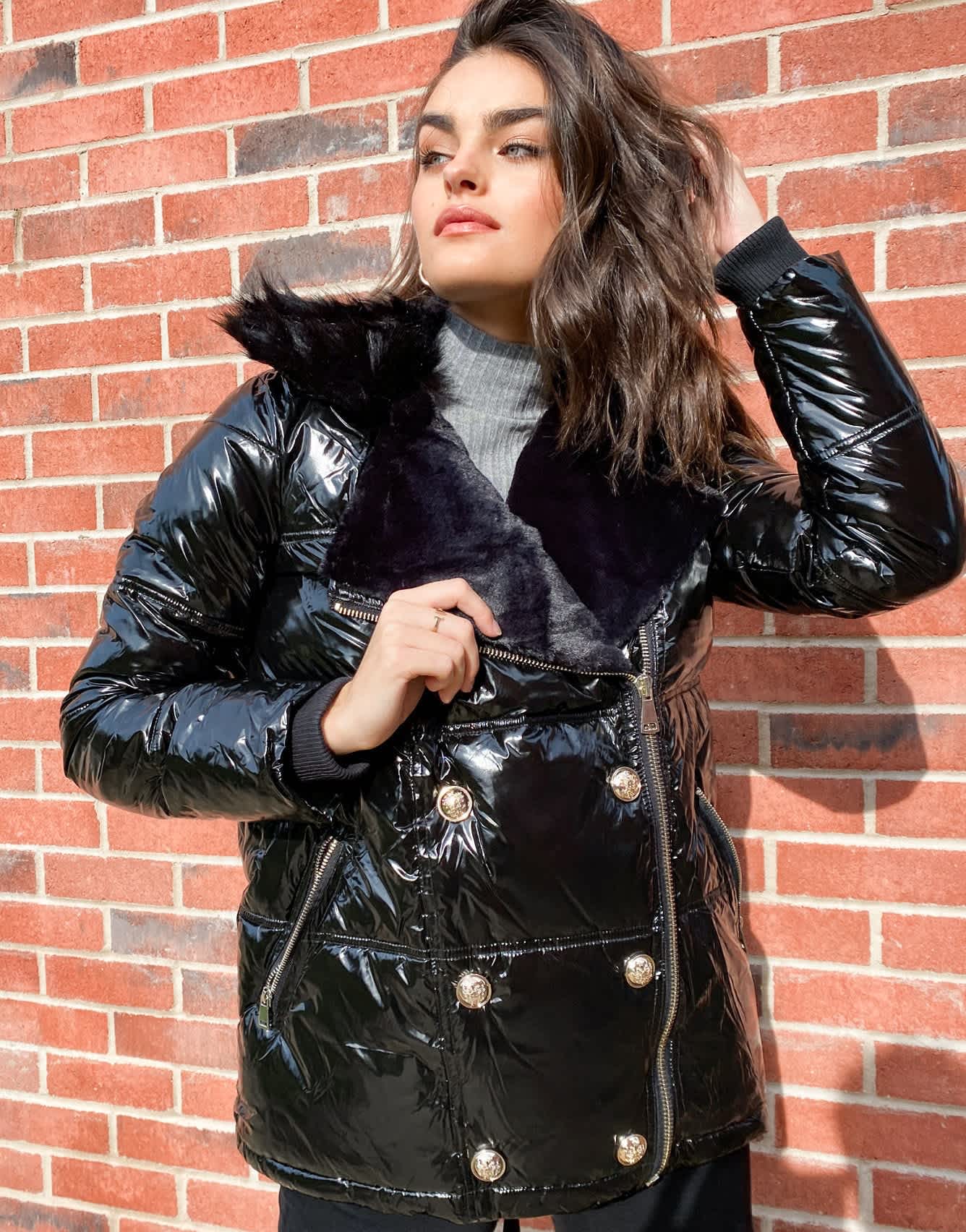 River Island shiny padded aviator jacket with faux fur collar in black