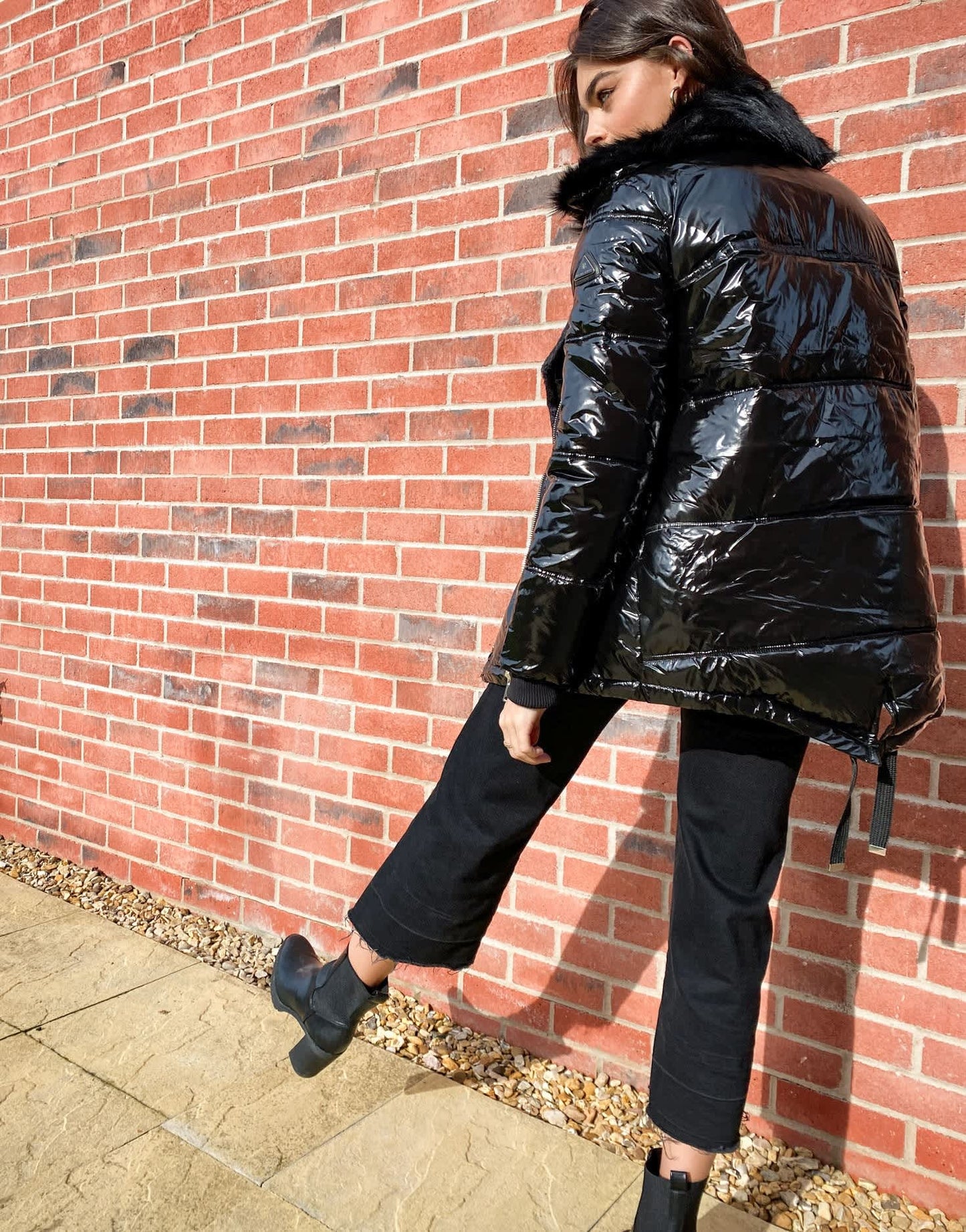 River Island shiny padded aviator jacket with faux fur collar in black