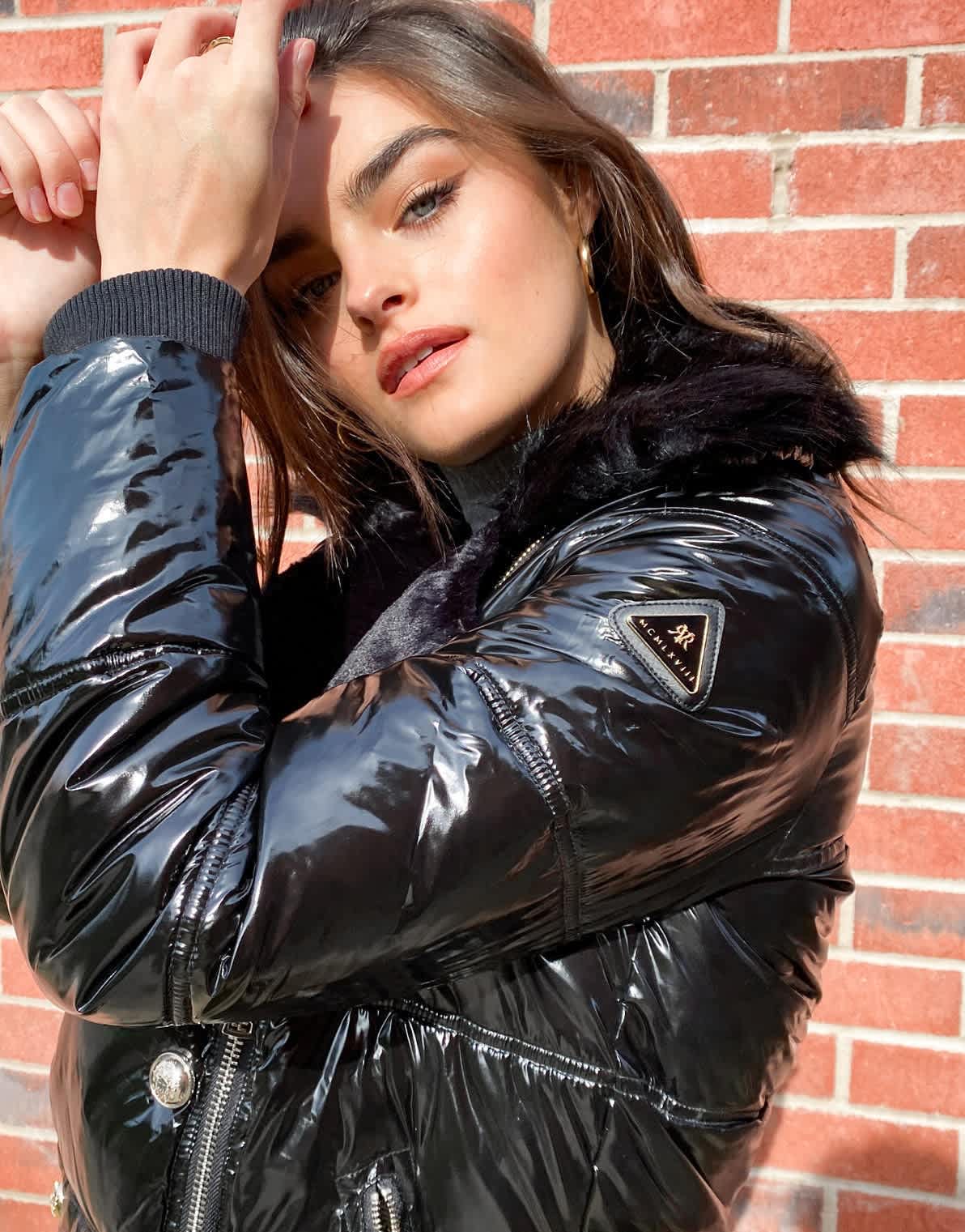 River Island shiny padded aviator jacket with faux fur collar in black