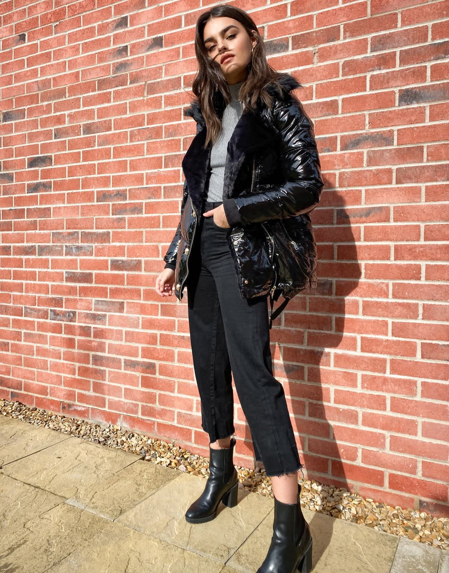 River Island shiny padded aviator jacket with faux fur collar in black