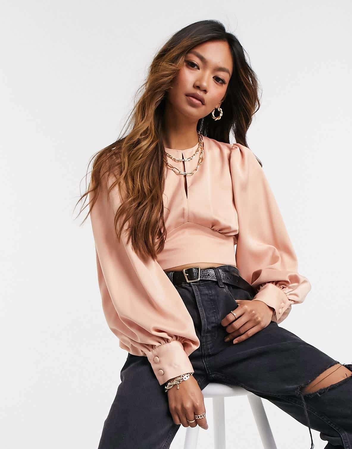 River Island high neck tie back silky top in dusty pink