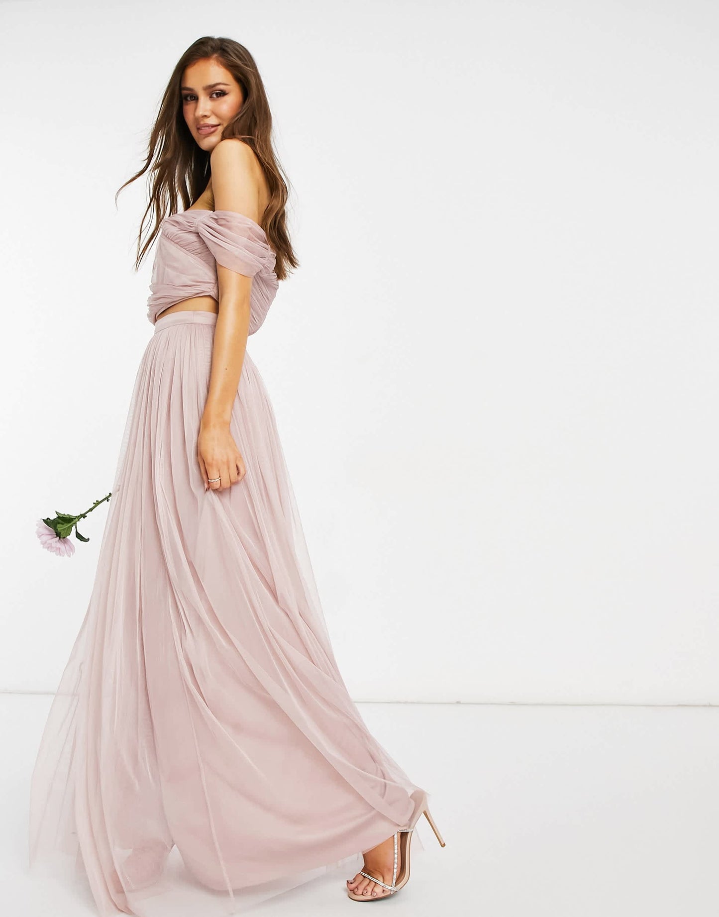 Anaya With Love Bridesmaid tulle off shoulder wrap detail crop top co ord in pink