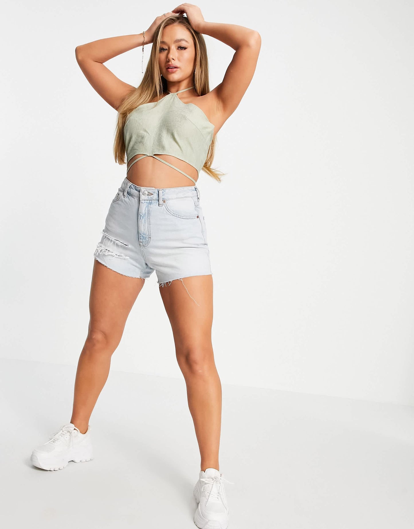 Missguided co-ord textured crop top with tie up detail in sage