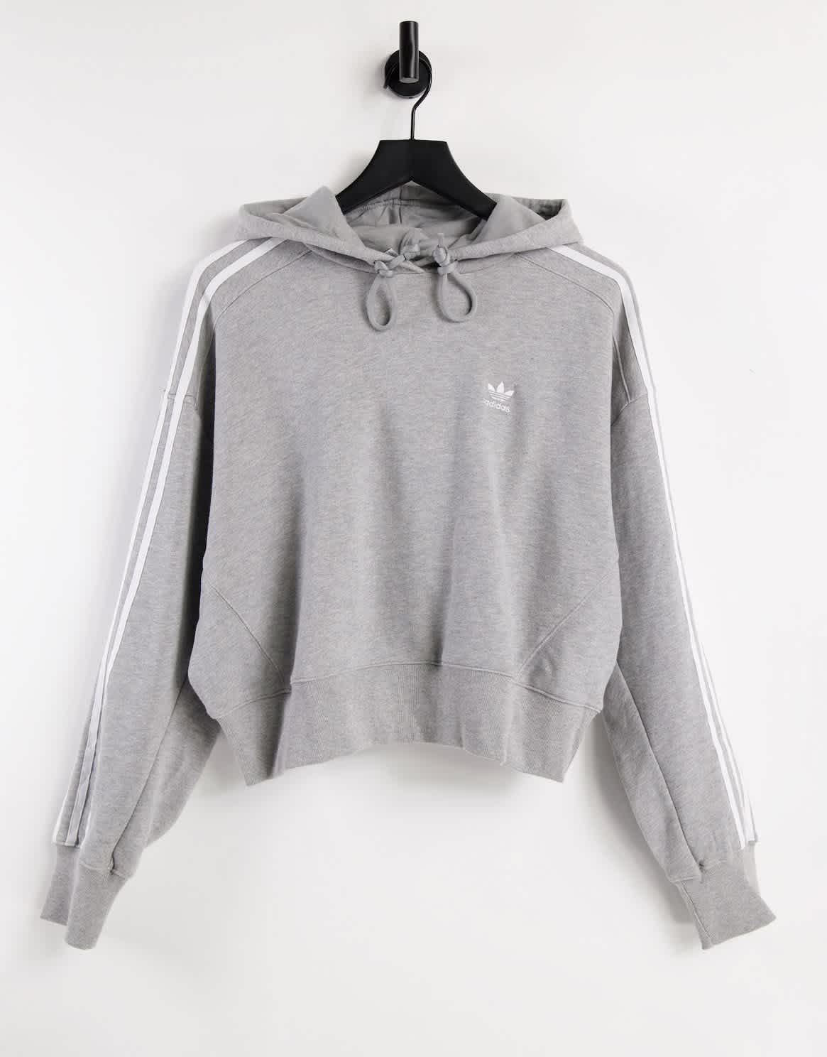 adidas Originals adicolor three stripe cropped hoodie in grey