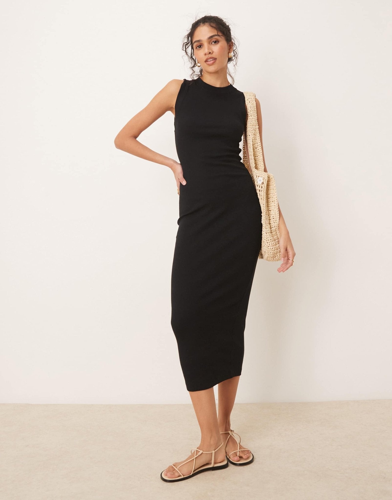 ASOS DESIGN 90s ribbed built up midi tank dress in black