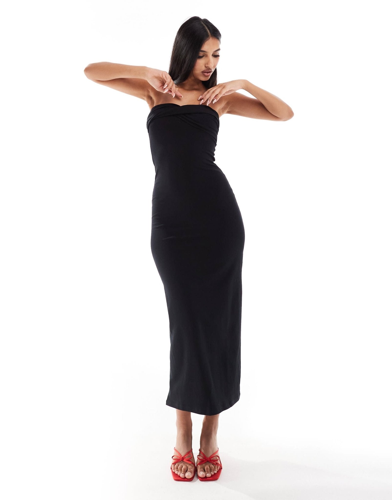 asos strapless dress ASOS DESIGN bandeau with twist bust detail midaxi dress in black