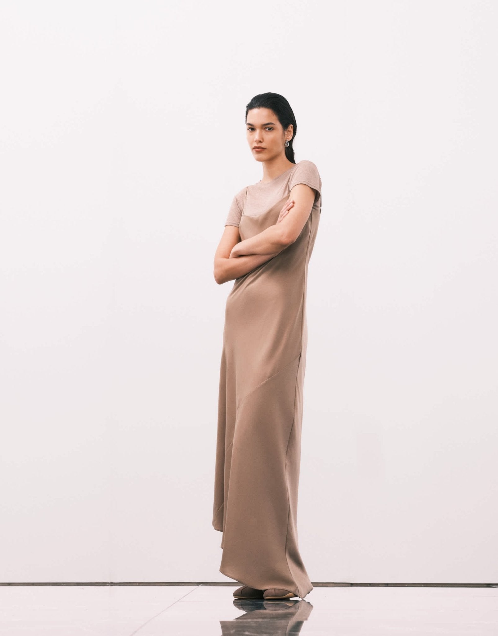 ASOS DESIGN cami satin 2 in 1 t shirt midi dress in champagne