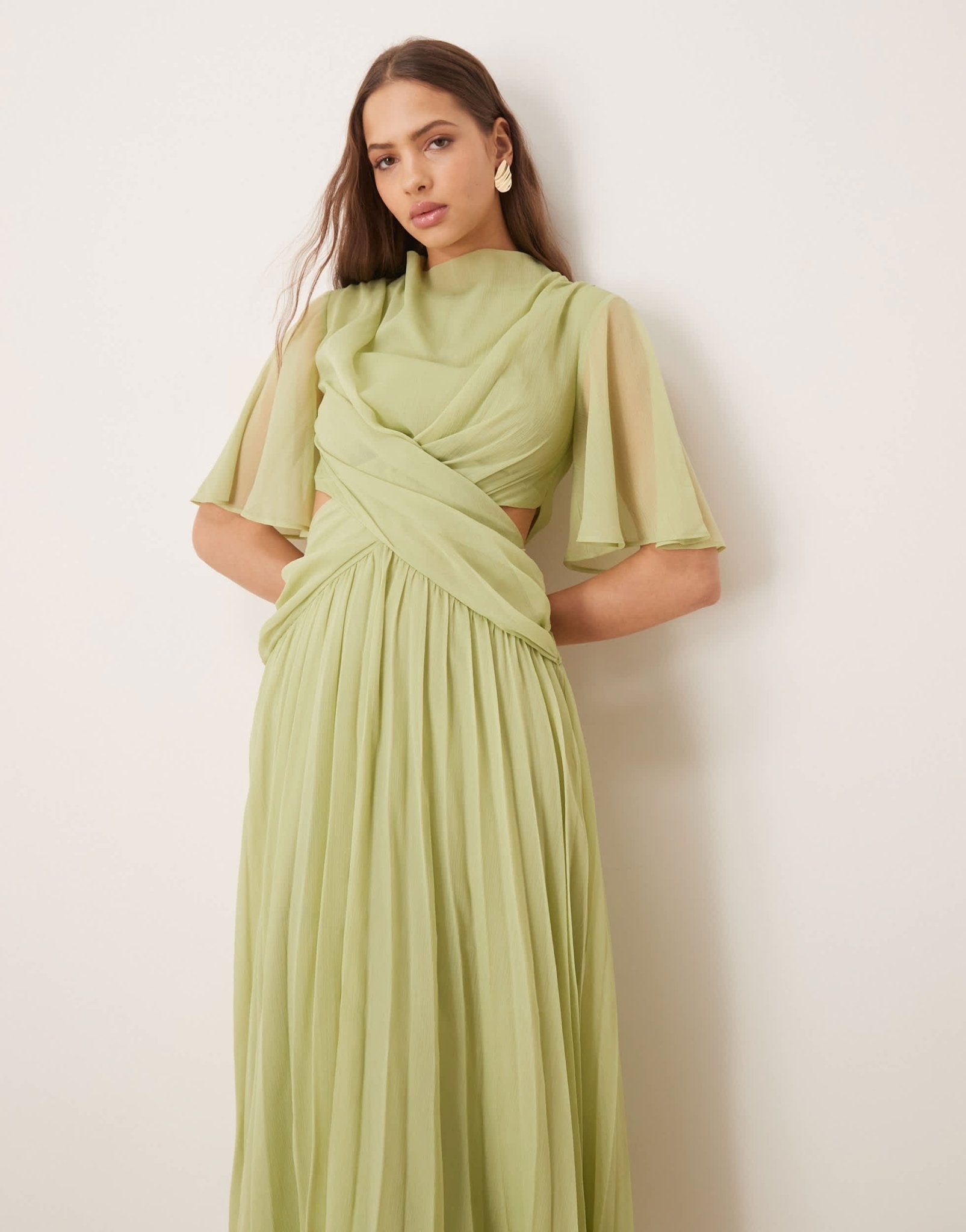 asos sage green dress DESIGN cowl wrap front pleated midi with cut out in gr – ASOS Sample Sale Boho Sage Bridesmaid Dresses activewear Elevate your wardrobe with Color:Aurora