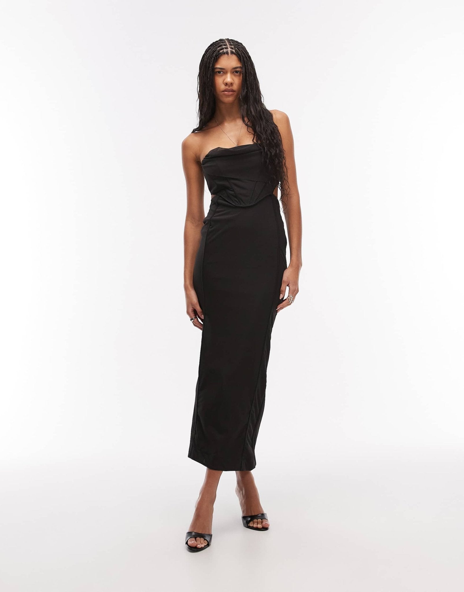 asos black cut out dress DESIGN drape bandeau corset maxi with waist in blac This dress features a