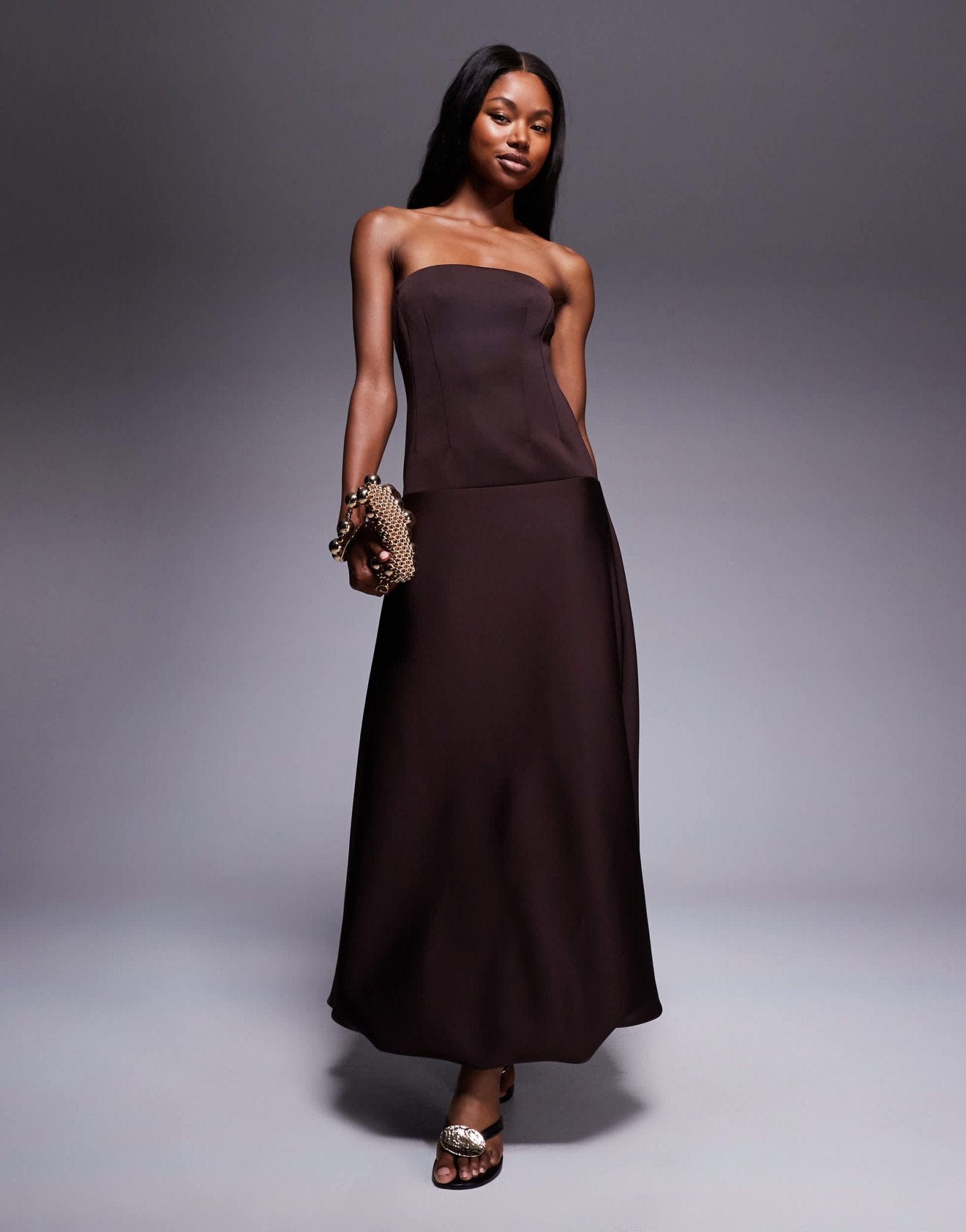 ASOS DESIGN dropped waist puffball maxi dress in chocolate