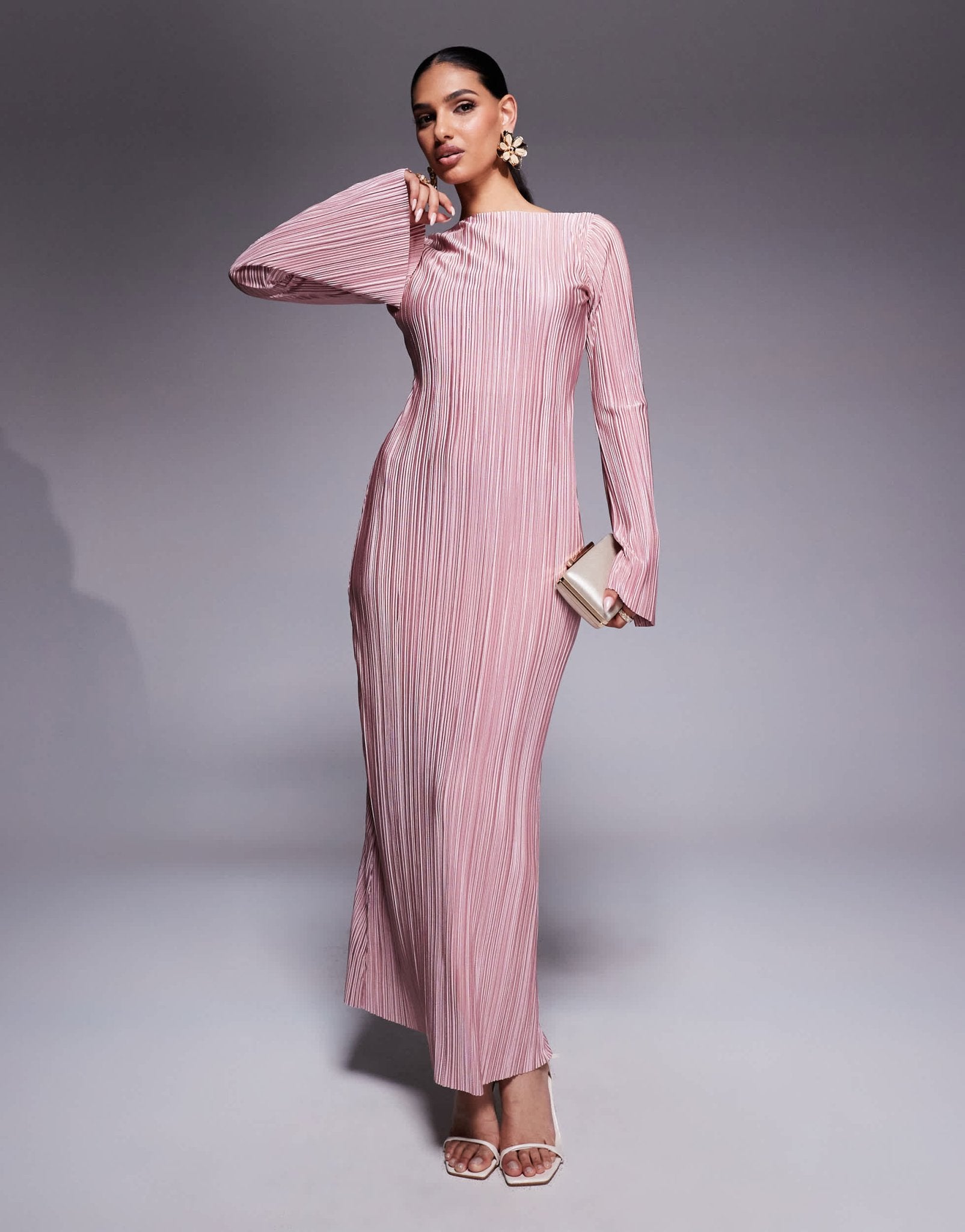 asos light pink maxi dress DESIGN low back plisse with angel sleeves in pin Elevate your wardrobe with SIZE:54 gifts-for-the-trend-setters-21906 Plus Size Pile Collar