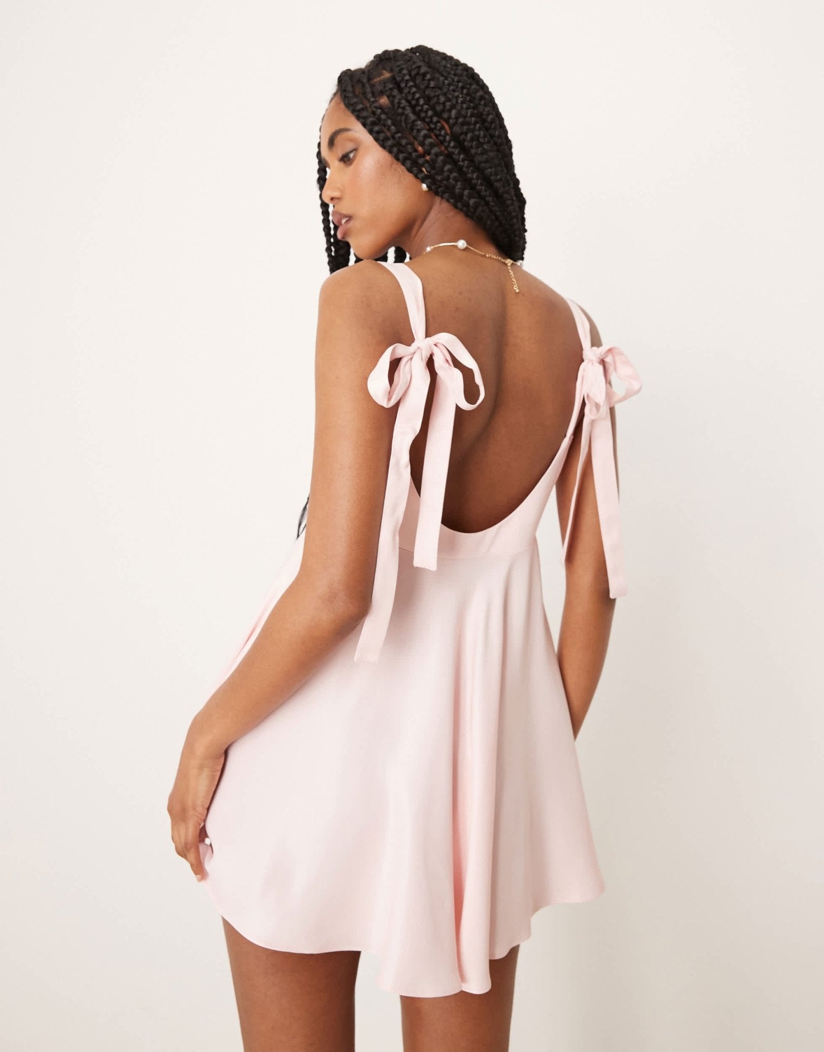 asos a line dress DESIGN satin bow back mini in pink Navy Blue Quinceanera Dress The satin slippery Size:US 9.5 / UK 8.5
