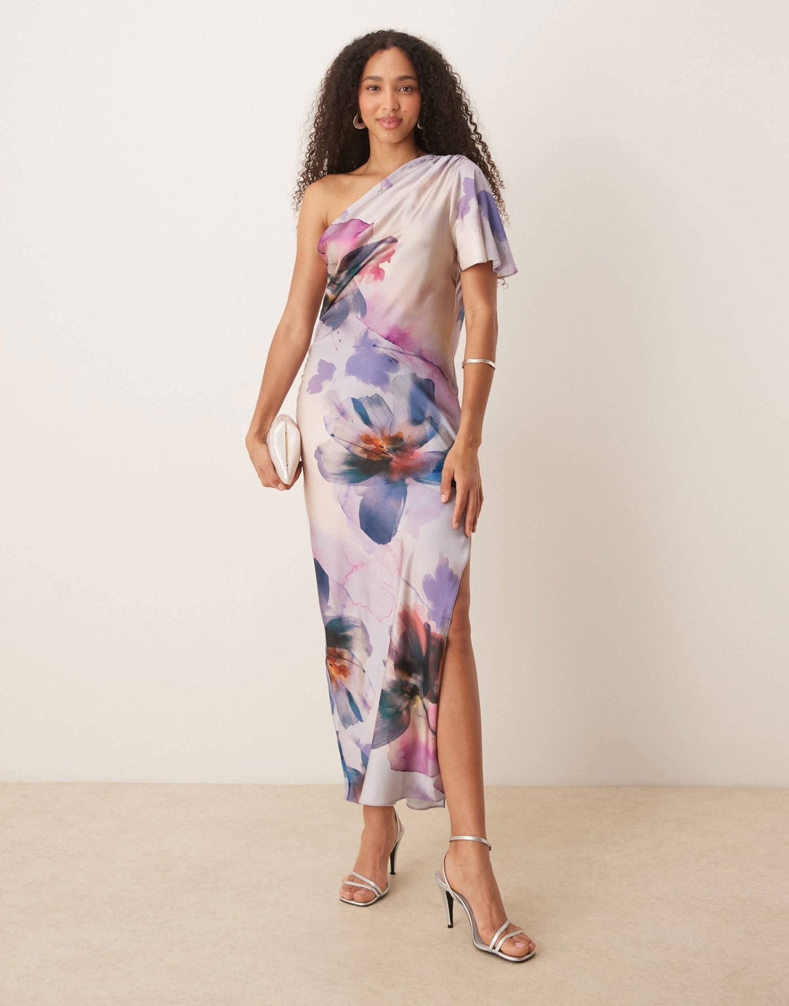 asos floral midi dress DESIGN satin one shoulder flutter sleeve in painted fl perfect for elevating your fabric 2:LACE Size:Pre-order M Sleeveless Turtleneck Dress |