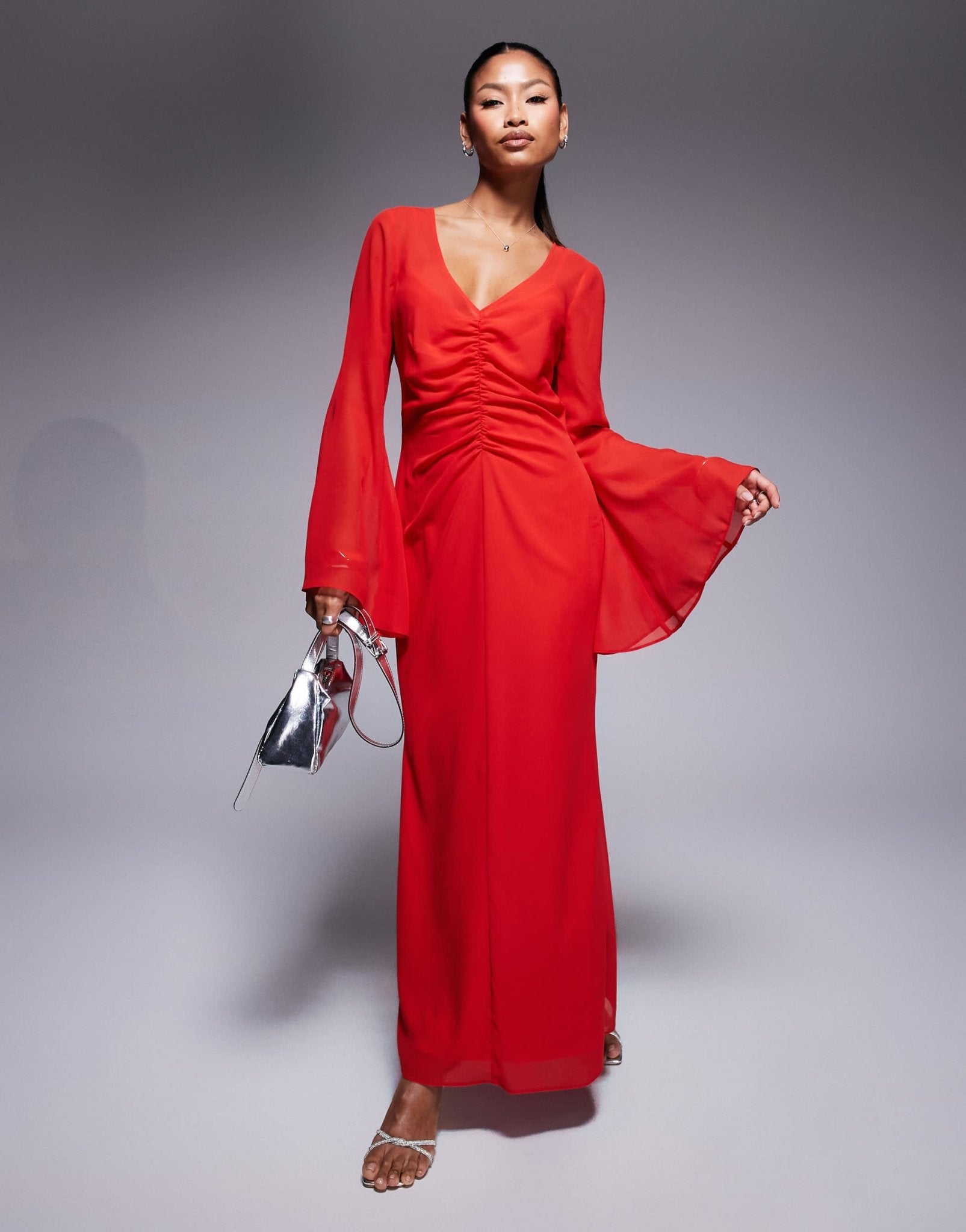 ASOS DESIGN v neck ruched front maxi dress in red