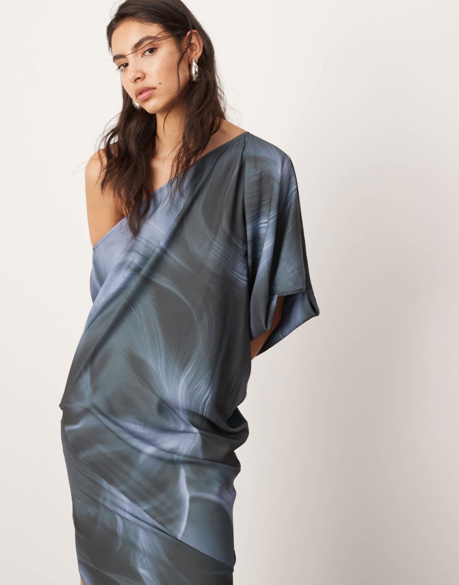 asos grey dress ASOS EDITION satin slouchy off shoulder maxi dress in grey abstract pr