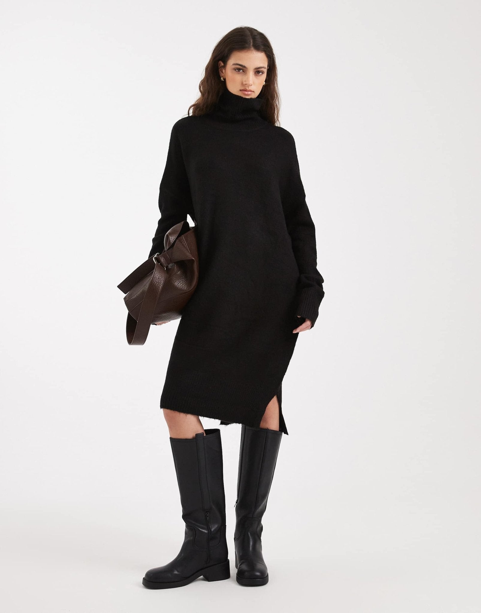 Brave Soul knitted roll neck mini jumper dress in black – ASOS Sample Sale