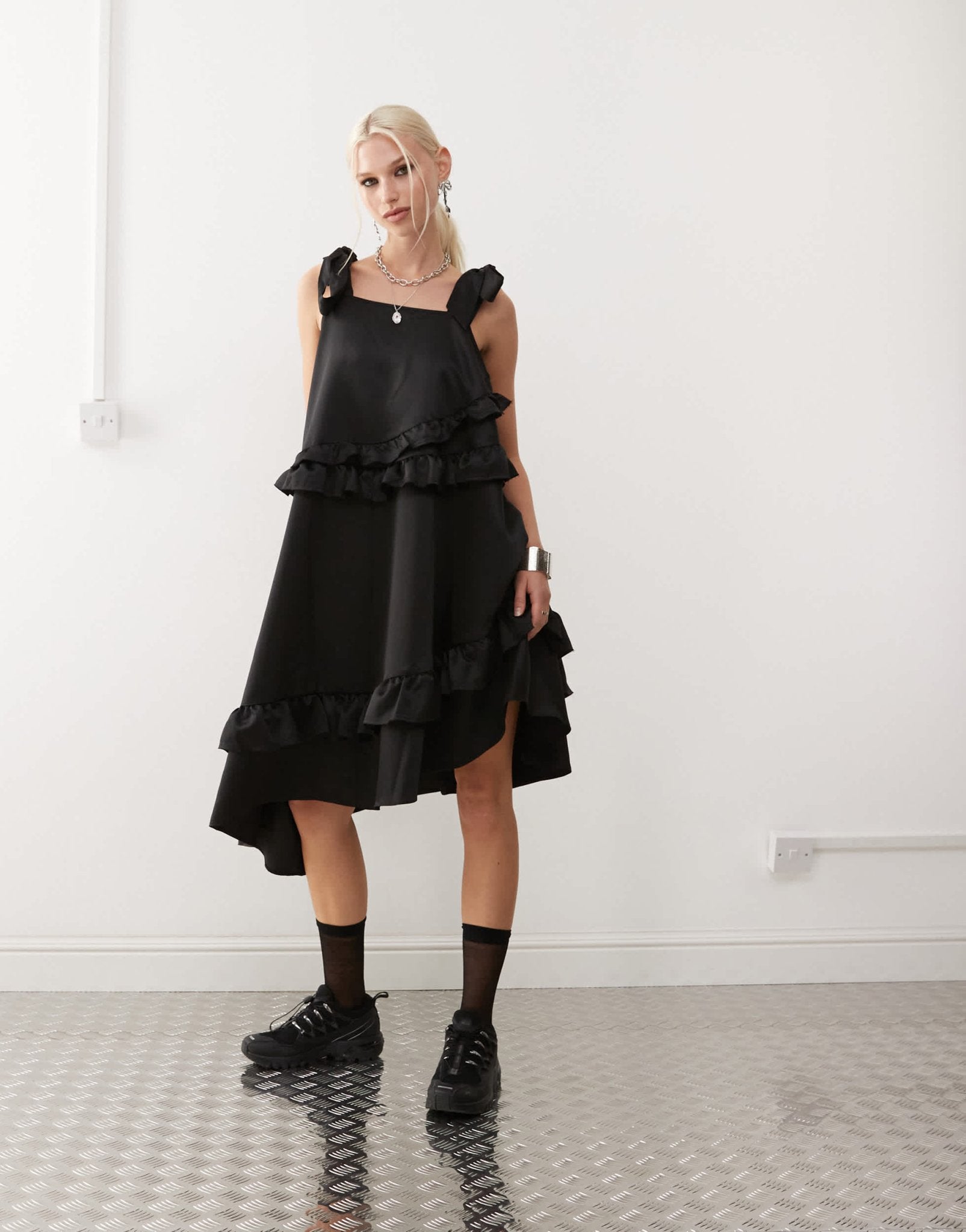 COLLUSION satin ruffle smock dress in black – ASOS Sample Sale