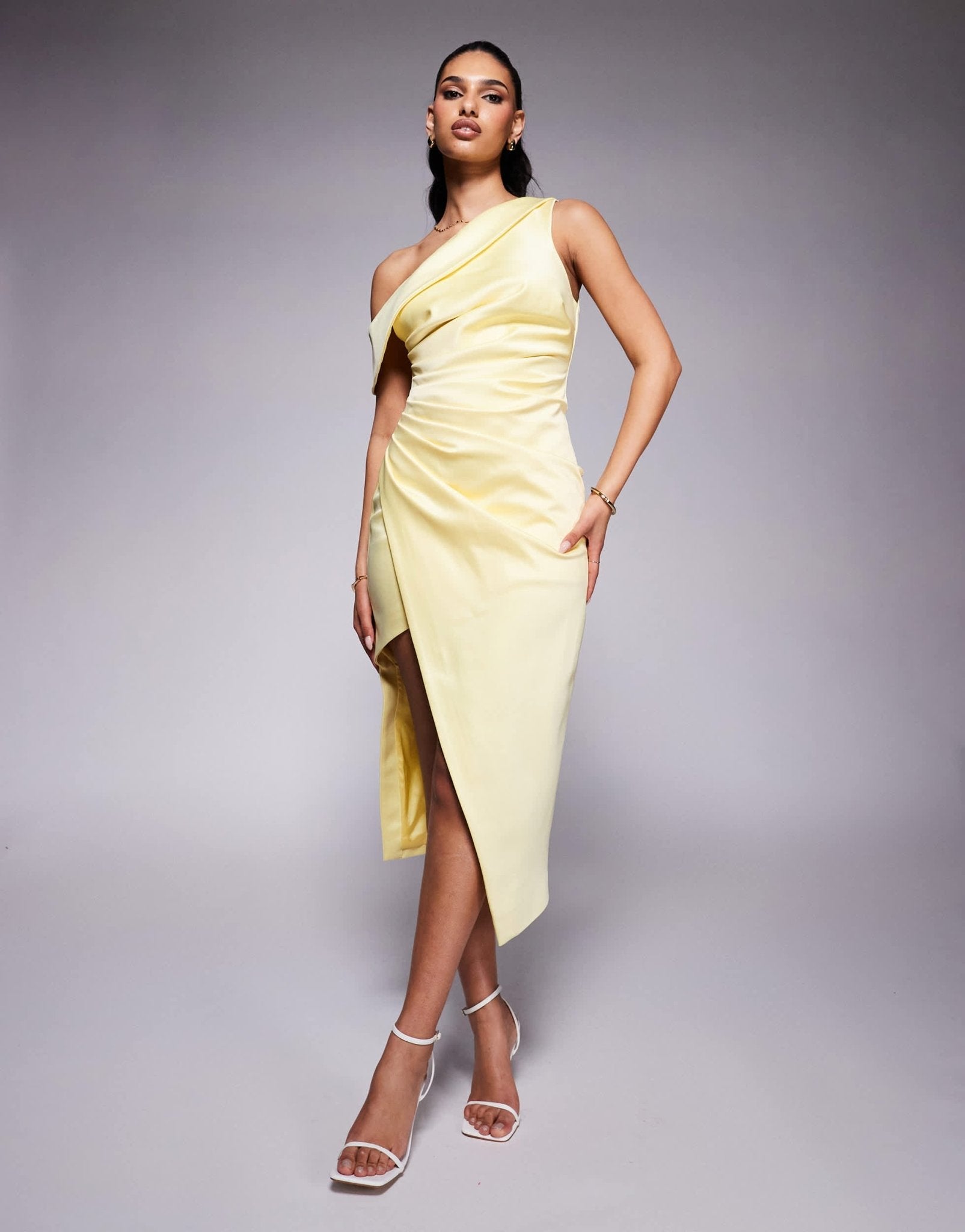 Lavish Alice asymmetric neckline pleated satin midi dress in yellow