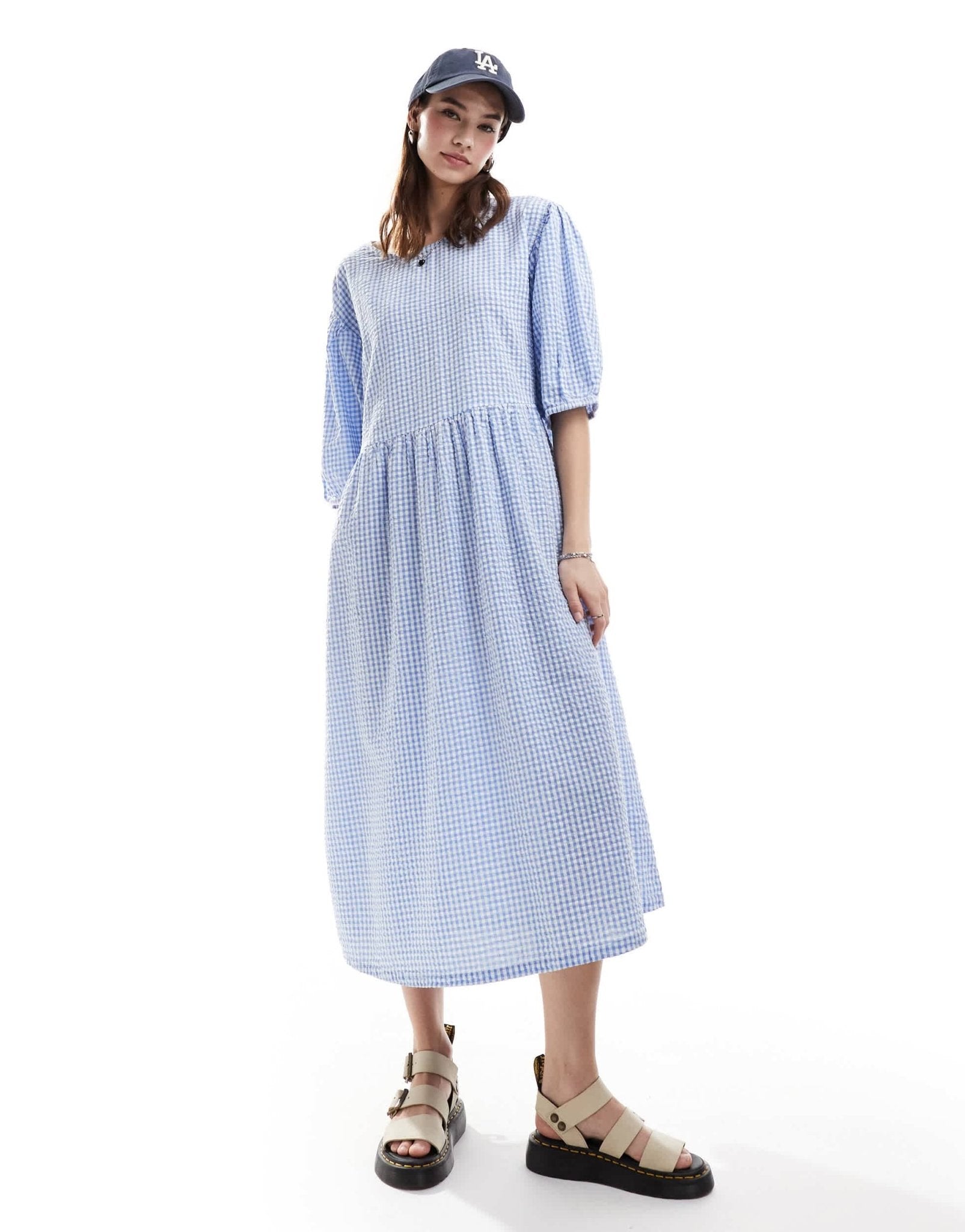 knee length dresses for ladies Pinkblush Maternity Olive Gingham Smocked Midi Dress main image 1