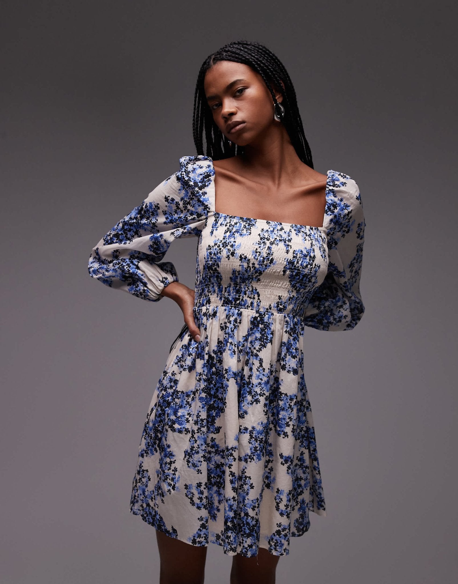 & Other Stories square neck mini dress with shirred bodice in blue flo – ASOS Sample Sale