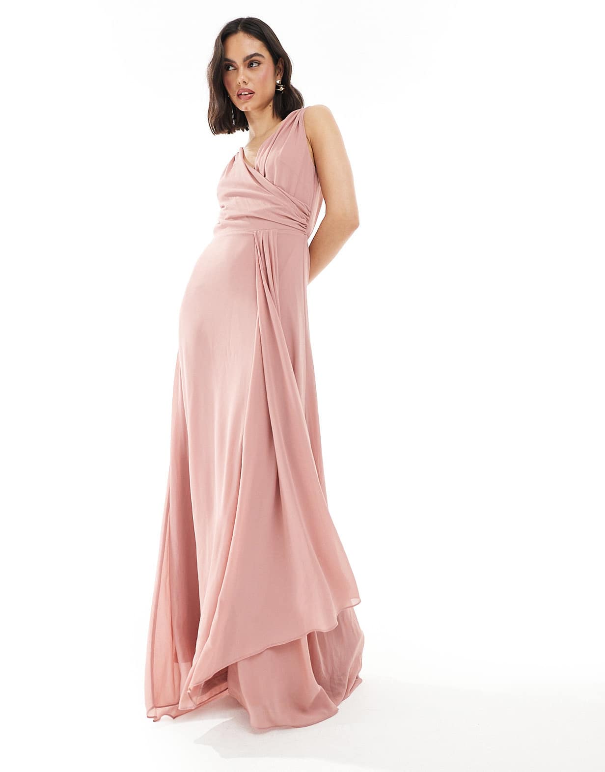 TFNC Bridesmaid chiffon wrap front maxi dress with wrap skirt in dusky – ASOS Sample Sale
