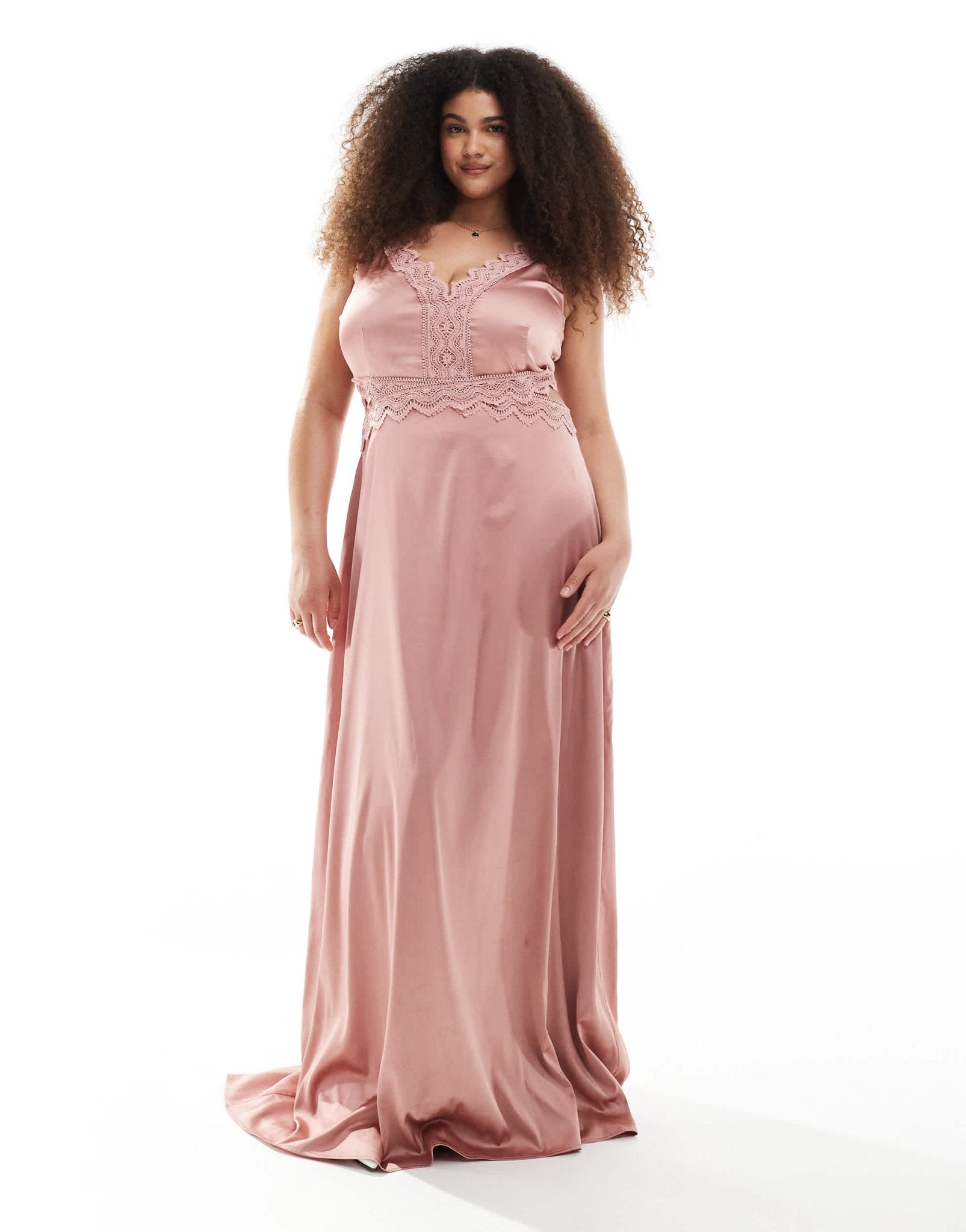 TFNC Plus Bridesmaid satin maxi dress with scalloped lace detail in du – ASOS Sample Sale